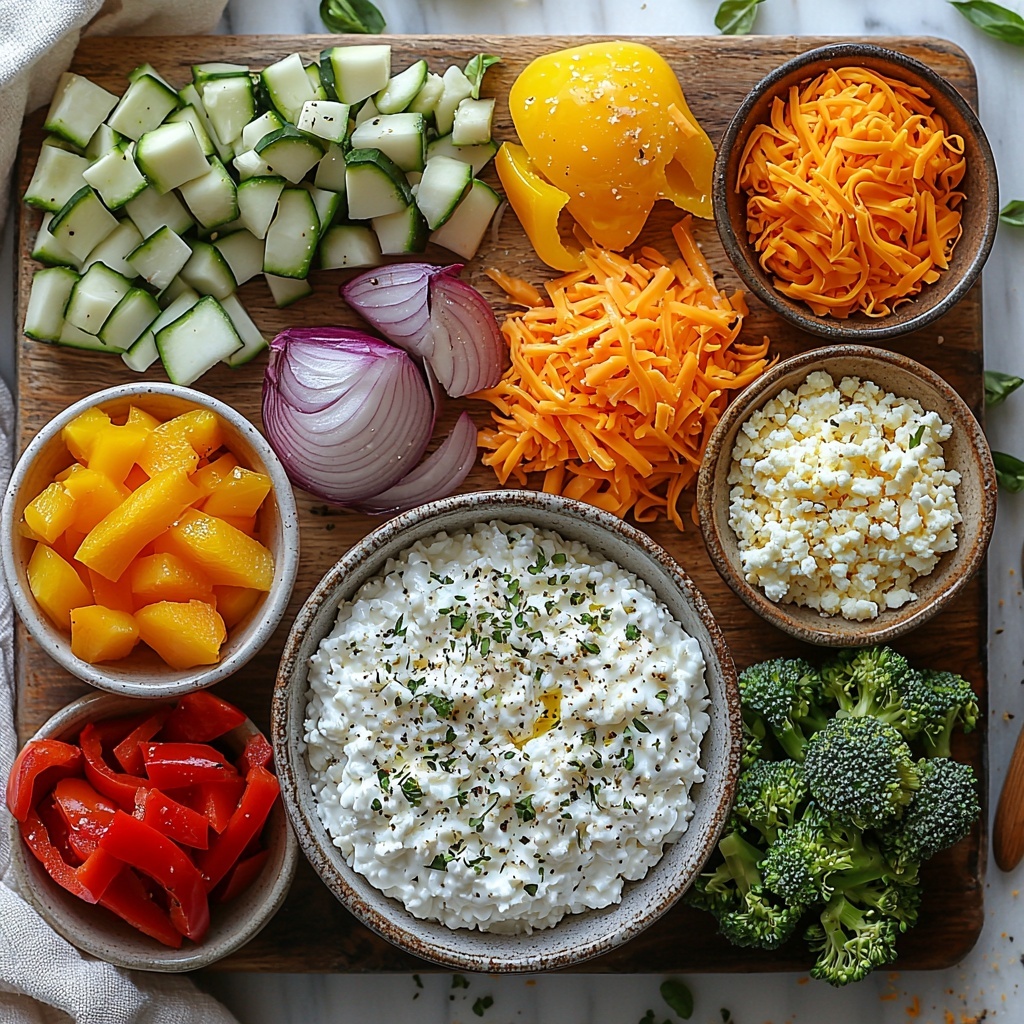 16 ounces creamy white cottage cheese in a small rustic ceramic bowl, two large brown eggs with smooth shells placed nearby, a heap of bright orange shredded cheddar cheese with fluffy texture, a colorful assortment of chopped mixed vegetables including vibrant red and yellow bell peppers, deep green zucchini slices, and rich green broccoli florets arranged neatly in small white ramekins, finely chopped translucent white onion in a separate tiny bowl, small piles of golden breadcrumbs or light toasted panko crumbs on a wooden cutting board, dried herbs – scattered dried basil and oregano leaves adding a muted green touch, a small clear glass bowl with glossy golden olive oil, all ingredients styled on a clean white marble surface with soft natural light casting gentle shadows, arranged with balanced spacing and contrasting colors to highlight freshness and texture, minimal props with subtle linen napkin and wooden spoon to enhance rustic yet modern aesthetic, overhead shot, top down view, flat lay photography, professional food styling --ar 1:1 --q 2 --s 750 --v 6.1