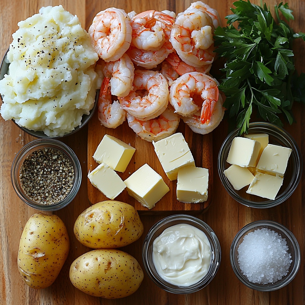 A clean, bright wooden surface with the main ingredients for creamy garlic shrimp over mashed potatoes neatly arranged: a cluster of large, raw peeled and deveined shrimp with a natural pink-gray hue; four peeled, chunky potatoes with a rough, starchy texture; a small bowl of creamy white heavy cream; a glass measuring cup with pale yellow butter cubes; a small bowl of smooth white milk; a small dish of golden olive oil with a subtle sheen; four plump garlic cloves, peeled and minced displayed in a tiny white ramekin; a clear glass bowl filled with pale yellow chicken broth; a small ramekin of finely grated Parmesan cheese, soft and snowy white; a pinch of coarse salt and cracked black pepper scattered artfully beside tiny piles; and a small bunch of fresh bright green parsley leaves with delicate texture. The composition is balanced, with contrasting colors and textures complementing each other, soft natural lighting enhancing the creamy and fresh qualities, subtle shadows adding depth, and minimal props to keep focus on ingredients. overhead shot, top down view, flat lay photography, professional food styling --ar 1:1 --q 2 --s 750 --v 6.1