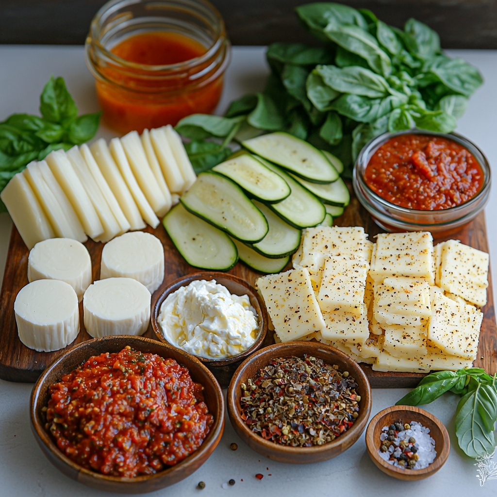 a clean white surface with all main ingredients for zucchini lasagna skillet neatly arranged: two medium zucchinis sliced lengthwise into thin green ribbons showing smooth, moist texture; one small onion finely chopped into small white and purple pieces; two cloves garlic minced finely with a slightly glossy look; one pound of raw lean ground beef with rich deep red color and slightly coarse texture in a small bowl; one cup creamy white ricotta cheese in a rustic ceramic bowl; one cup shredded mozzarella cheese with soft, fluffy strands piled lightly; a small heap of grated Parmesan cheese with fine granular texture and pale yellow color; one can of crushed tomatoes showing vibrant deep red sauce with visible tomato chunks; small dish of thick, glossy red tomato paste; dried oregano and dried basil with muted green dried leaves in tiny wooden spoons; small pinch of red pepper flakes with bright red-orange flecks; salt and black pepper in small clear glass containers; two tablespoons of golden olive oil in a small glass jar with reflective shine. Ingredients thoughtfully spaced with natural light casting soft shadows, some fresh basil leaves scattered gently for color contrast. Overhead shot, top down view, flat lay photography, professional food styling --ar 1:1 --q 2 --s 750 --v 6.1