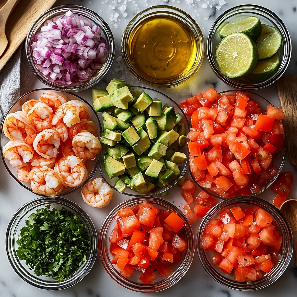 A clean white marble surface with all the main ingredients neatly arranged in small, clear glass bowls and loose piles for texture: bright pink jumbo cooked peeled shrimp chopped into bite-sized pieces; vibrant red diced tomato with visible seeds and juice; creamy pale green diced Hass avocado with smooth texture; finely chopped deep purple-red onion; small pile of finely diced bright green jalapeno with seeds removed; fresh bright green chopped cilantro leaves scattered gently nearby; two halved limes showing juicy, glossy interior; a small dish of golden olive oil reflecting light; a small wooden spoon with coarse kosher salt crystals; a few twists of freshly ground black peppercorns scattered naturally. The colors are vivid and fresh, textures varied from smooth creamy avocado to firm shrimp and crisp onion. Soft natural lighting creates gentle shadows and highlights the freshness. Minimal rustic props like a linen napkin in natural tones and a wooden cutting board partially in frame enhance the organic, wholesome feel. The composition is balanced and uncluttered with space between items to emphasize each ingredient’s unique color and texture. overhead shot, top down view, flat lay photography, professional food styling --ar 1:1 --q 2 --s 750 --v 6.1