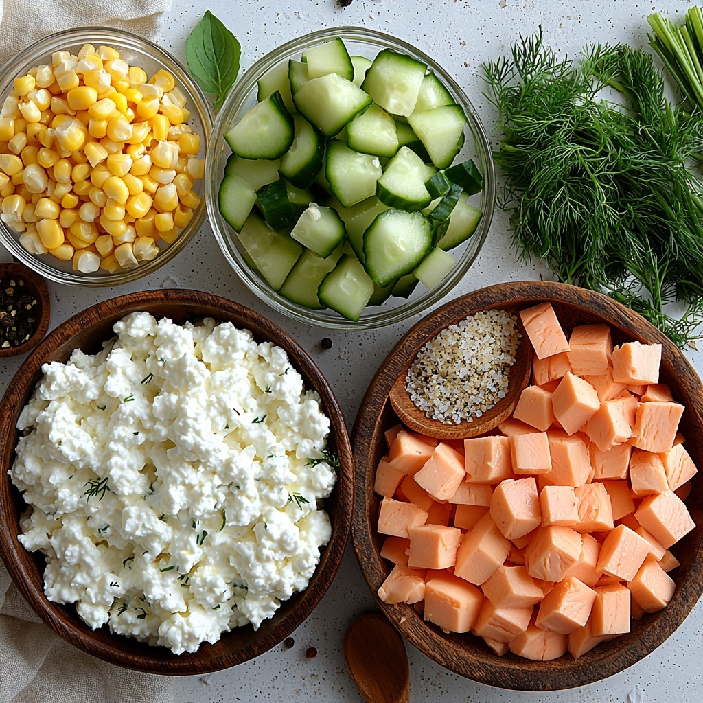 A clean, bright white surface featuring a neatly arranged flat lay of fresh ingredients for a protein bowl: a small rustic bowl filled with creamy, white cottage cheese with visible soft curds; next to it, a glossy can of drained tuna with flaky, light pink chunks; a small clear glass bowl of vibrant green cucumber slices, both rounds and diced pieces showing crisp texture; a tiny bowl of golden yellow corn kernels glistening with freshness; a few sprigs of fresh, bright green parsley and dill with delicate feathery leaves artfully scattered; small piles of coarse sea salt and cracked black peppercorns adding texture and contrast; soft natural light casting gentle shadows highlighting the freshness and variety of textures and colors; minimalistic and airy styling with subtle rustic wooden spoon and a linen napkin edge partially visible, creating a wholesome, healthy vibe. overhead shot, top down view, flat lay photography, professional food styling --ar 1:1 --q 2 --s 750 --v 6.1