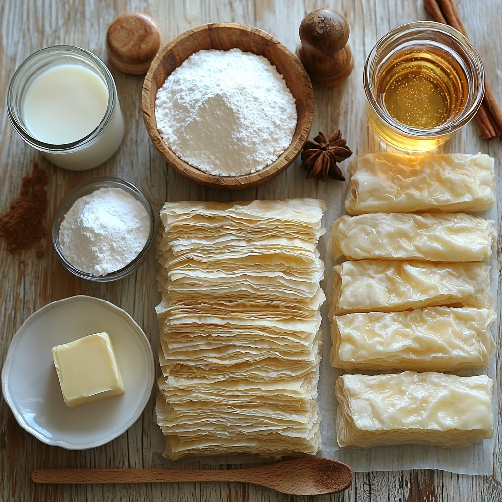 A clean, bright white tabletop neatly arranged with all the main ingredients for homemade cinnamon twists: a partially unfolded sheet of pale, flaky frozen puff pastry with delicate layers visible; a small clear glass bowl of golden melted unsalted butter gleaming under soft natural light; a rustic ceramic bowl filled with coarse granulated white sugar mixed with warm brown ground cinnamon and a tiny pinch of salt; a small mound of pure white powdered sugar on a white porcelain plate; a clear glass measuring cup containing creamy whole milk; and a tiny glass bowl with amber-colored vanilla extract. The ingredients are spaced evenly with natural shadows, some cinnamon dust sprinkled lightly around the cinnamon sugar bowl to add texture and warmth. Subtle props include a wooden-handled pastry brush resting beside the butter bowl and a sharp kitchen knife with a wooden handle lying next to the puff pastry sheet. The composition is clean yet inviting, with soft, diffused lighting highlighting the different textures—from the flaky pastry layers to the grainy sugar crystals and smooth liquids. Overhead shot, top down view, flat lay photography, professional food styling --ar 1:1 --q 2 --s 750 --v 6.1