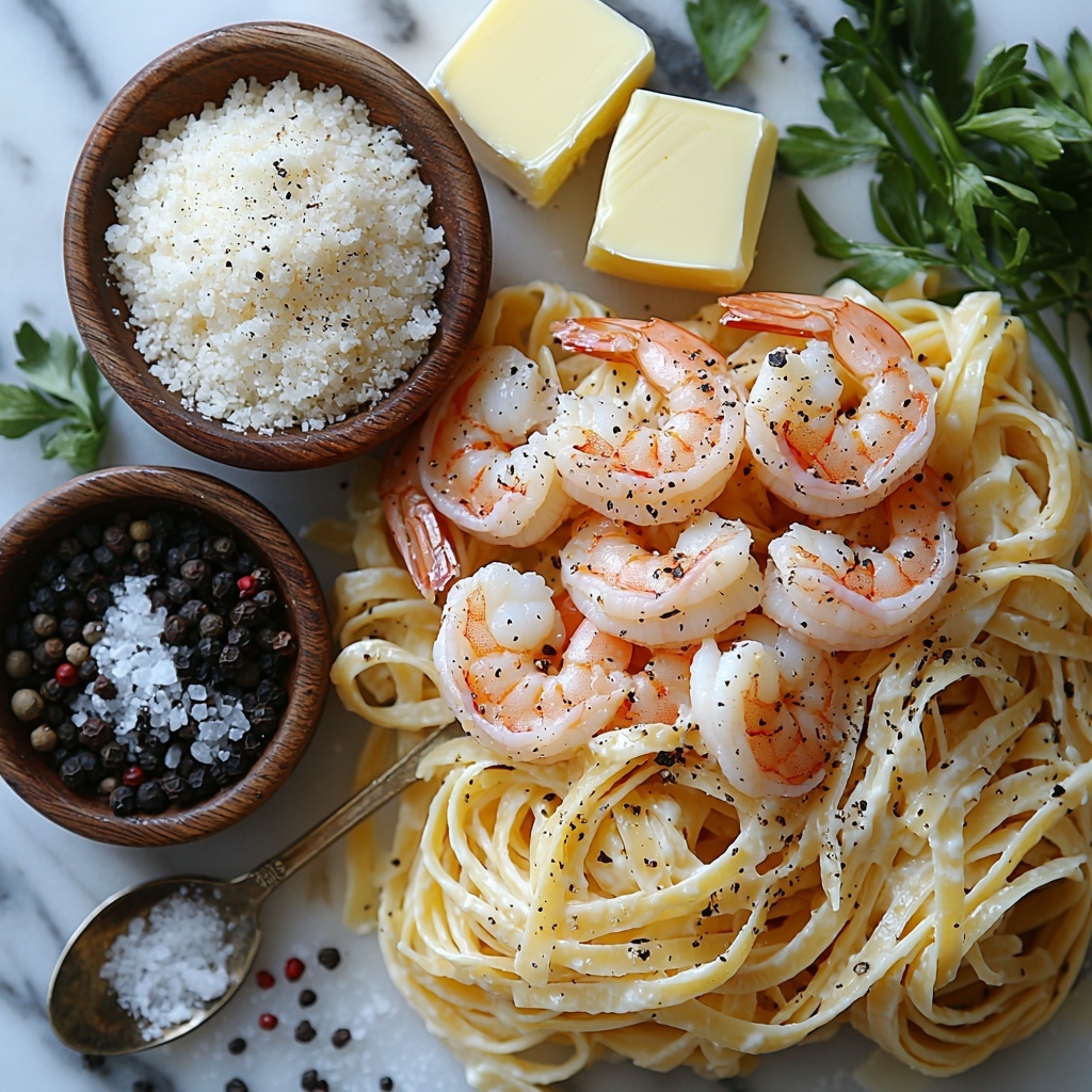 8 oz fettuccine pasta neatly coiled, 1 lb large shrimp peeled and deveined with a subtle pink hue, 4 cloves garlic minced finely, a small bowl of rich heavy cream, a pile of freshly grated Parmesan cheese with a snowy texture, 3 tablespoons unsalted butter in soft golden cubes, scattered salt crystals and whole black peppercorns on a clean white marble surface. Arrange ingredients symmetrically in natural light to emphasize fresh colors and textures – the creamy whites, buttery yellows, soft pink shrimp, and rustic garlic contrast beautifully. Include small rustic wooden bowls and a vintage silver spoon for added warmth and style. The composition should feel inviting and well-organized with negative space around each element for balance. overhead shot, top down view, flat lay photography, professional food styling --ar 1:1 --q 2 --s 750 --v 6.1