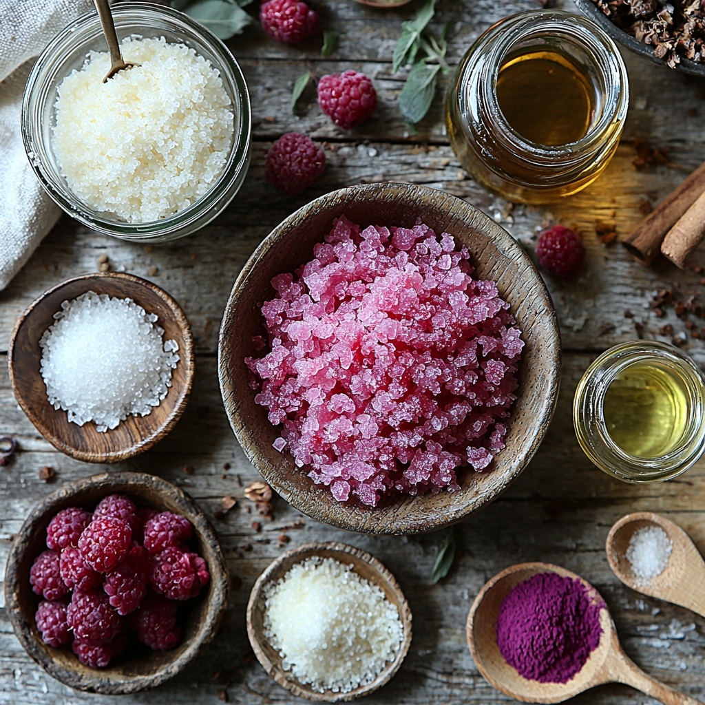 2 cups granulated sugar in a small glass bowl showing fine white crystals, ½ cup water in a clear measuring cup reflecting light, ½ cup vibrant raspberry puree in a rustic bowl with rich deep red-purple color and smooth texture, 2 teaspoons powdered gelatin in a tiny ceramic dish with soft, pale off-white powder, 2 tablespoons cold water in a small transparent bowl, a few drops of purple or red food coloring in a tiny glass dropper bottle with vivid liquid, a small jar of neutral oil with a pale golden tint, all ingredients neatly arranged on a clean, matte white surface with soft natural lighting creating gentle shadows, ingredients spaced evenly in a harmonious layout, rustic wooden spoon and measuring spoons placed thoughtfully nearby, subtle props including a lightly crumpled white linen napkin for texture contrast, minimalistic and bright composition emphasizing colors and textures, overhead shot, top down view, flat lay photography, professional food styling --ar 1:1 --q 2 --s 750 --v 6.1