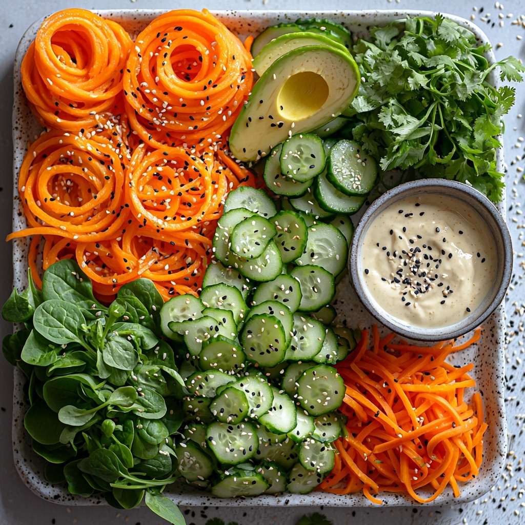 a vibrant flat lay of fresh ingredients for a carrot noodle skincare bowl arranged neatly on a clean white surface: spiralized bright orange carrot noodles coiled loosely, thinly sliced crisp pale green cucumber arranged in delicate overlapping fans, julienned vivid red bell pepper strips laid in small piles, creamy ripe avocado slices fanned out with a smooth texture, fresh deep green baby spinach leaves scattered organically, finely chopped bright green cilantro sprinkled in a small pile; nearby a small bowl with smooth, creamy tahini dressing showing off its pale beige color, a halved lime with juicy bright green flesh, a clove of minced garlic on a tiny ceramic dish, small white and black toasted sesame seeds sprinkled artfully with glossy brown pumpkin seeds clustered beside them; the colors vibrant and contrasting, with natural light casting soft shadows, minimalistic styling emphasizing freshness and texture, a harmonious balance between rustic and refined food styling -- overhead shot, top down view, flat lay photography, professional food styling --ar 1:1 --q 2 --s 750 --v 6.1