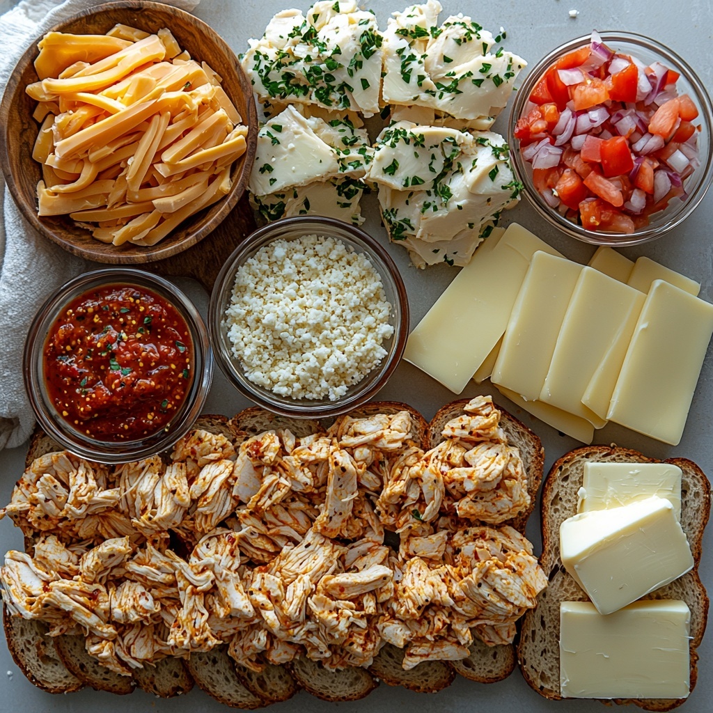 Spicy crispy chicken sandwich ingredients neatly arranged on a clean white surface for flat lay photography: 2 cups of tender, shredded cooked chicken breast mixed with vibrant red hot sauce, sprinkled with warm smoked paprika, golden garlic powder, pale onion powder, a pinch of cayenne pepper adding a subtle fiery red hue, salt and cracked black pepper flecks; next to a small bowl of golden toasted panko breadcrumbs glistening with melted butter; 8 thick slices of rustic sourdough bread showing their crusty golden edges; 8 slices of sharp cheddar cheese in rich orange-yellow tones, 4 slices of creamy white pepper jack cheese with flecks of red and green peppers visible; a small dish of soft pale yellow unsalted butter; all ingredients spaced with breathing room and natural shadows, highlighting contrasting textures—from the flaky chicken, crisp breadcrumbs, creamy cheese, to the rough bread crust; styled with minimal props like a wooden spoon and linen napkin subtly included near bowls; bright natural light coming from the side emphasizing depth and freshness, slight rustic farmhouse vibe; overhead shot, top down view, flat lay photography, professional food styling --ar 1:1 --q 2 --s 750 --v 6.1