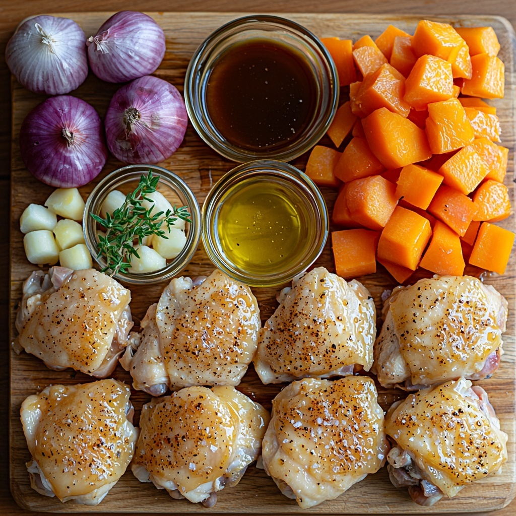 A clean, light wooden surface arranged with all the main ingredients for Maple Dijon Chicken Thighs recipe: eight raw bone-in, skin-on chicken thighs with plump, pale pinkish skin and a sprinkle of kosher salt and freshly cracked black pepper crystals visible; a small glass bowl with glossy amber pure maple syrup; a spoonful of smooth, pale yellow Dijon mustard; a small clear dish of golden olive oil; a tiny bowl of translucent apple cider vinegar; two peeled garlic cloves finely minced on a white ceramic spoon; fresh green thyme sprigs with delicate leaves clustered nearby; a small pile of rusty-red smoked paprika powder on a vintage silver teaspoon; 14 oz baby potatoes halved showing creamy white interiors with rustic rough tan skin; vibrant orange carrot chunks peeled and cut into thick pieces; and a red onion cut into clean wedge segments displaying purple-white layers. Ingredients are thoughtfully spaced and slightly overlapping, creating a harmonious balance of colors and textures—from the shiny glaze elements to earthy vegetables and tender chicken skin—accented by soft natural light casting gentle shadows, styled with minimal props for a fresh, inviting look. Overhead shot, top down view, flat lay photography, professional food styling --ar 1:1 --q 2 --s 750 --v 6.1