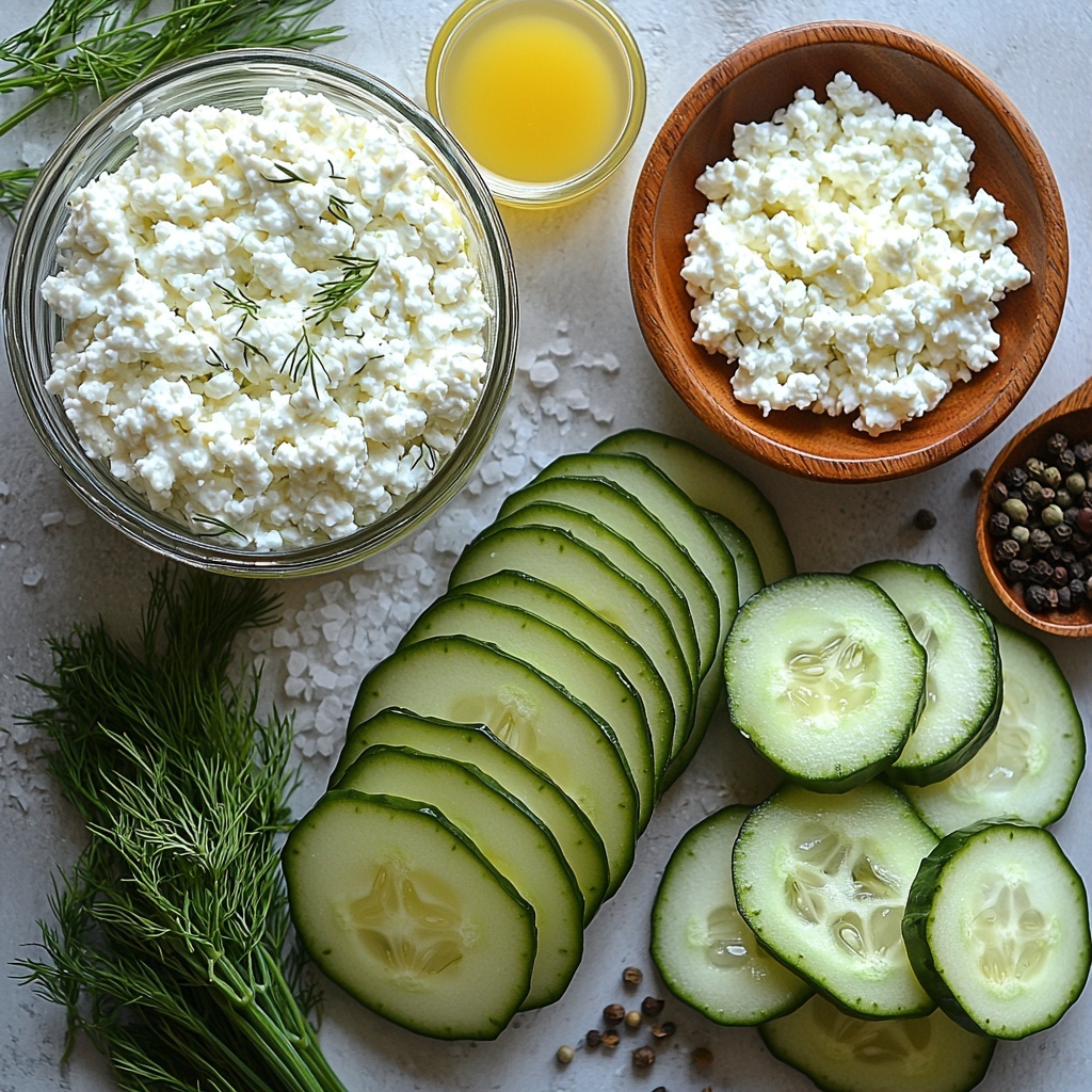 A bright and clean flat lay of the main ingredients for refreshing cucumber wraps arranged neatly on a smooth white surface: one large English cucumber sliced lengthwise into thin, translucent strips showing fresh green skin and pale interior; a glass bowl of creamy white cottage cheese with visible small curds; a small wooden bowl filled with finely chopped bright green fresh dill; a small clear glass dish containing pale yellow lemon juice; scattered coarse salt crystals and whole black peppercorns artistically placed nearby. Soft natural light enhances the fresh, vibrant colors and textures, emphasizing the cool crispness of the cucumber and the creamy softness of the cottage cheese. Minimalist styling with a rustic wooden spoon and a few sprigs of dill casually placed for accent, creating an inviting and fresh Mediterranean vibe. overhead shot, top down view, flat lay photography, professional food styling --ar 1:1 --q 2 --s 750 --v 6.1