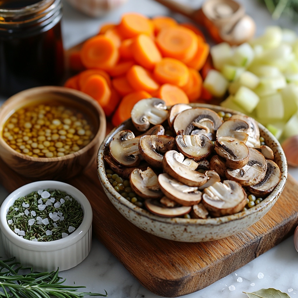 French green lentils in a small rustic ceramic bowl, sliced cremini mushrooms fanned out on a wooden cutting board, diced yellow onion, bright orange diced carrots, vibrant green diced celery arranged in neat piles, peeled garlic cloves and minced garlic in a tiny white dish, a small glass bowl of golden olive oil glistening, a jar of dried thyme with a rustic wooden spoon, a single bay leaf laid flat on a linen napkin, a small dish of balsamic vinegar dark and glossy, coarse sea salt and cracked black pepper scattered artistically in tiny white bowls, fresh chopped parsley bright green in a small pile sprinkled with some loose leaves around, all placed on a clean white marble surface with soft natural light casting gentle shadows, minimalistic and airy styling with a few sprigs of thyme and parsley as accents, overhead shot, top down view, flat lay photography, professional food styling --ar 1:1 --q 2 --s 750 --v 6.1