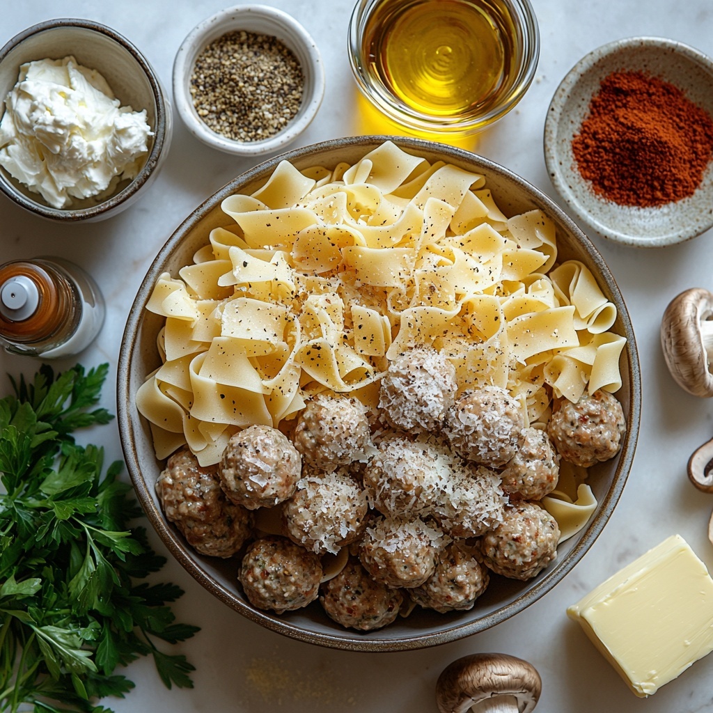 Wide egg noodles uncooked in a rustic ceramic bowl, golden yellow strands loosely piled, nearby a small glass bottle of olive oil with a subtle sheen; a plate with browned frozen meatballs, rich brown and textured; sliced cremini mushrooms showing creamy beige caps and earthy tones scattered neatly on a white plate; a small clear glass cup filled halfway with pale straw-colored dry white wine; a shallow bowl of glossy low sodium beef broth, deep brown with hints of red; small stacks of condiments in tiny white ramekins: smooth yellow Dijon mustard, dark brown Worcestershire sauce; a sprinkle of Italian seasoning and paprika powders artfully arranged on wooden spoons showing warm herb greens and vibrant rusty red; a small pile of light off-white garlic powder next to coarse salt and freshly cracked black peppercorns; a pat of butter creamy yellow on a porcelain dish, and a small glass jar of heavy whipping cream with thick, silky texture; a dollop of creamy off-white full fat sour cream in a vintage bowl; freshly chopped Italian parsley leaves with bright green vividness scattered lightly beside the herbs; all ingredients arranged neatly and symmetrically on a clean white marble surface with soft natural light casting gentle shadows, emphasizing textures and freshness, styled with minimal rustic props for an elegant, inviting flat lay composition; overhead shot, top down view, flat lay photography, professional food styling --ar 1:1 --q 2 --s 750 --v 6.1