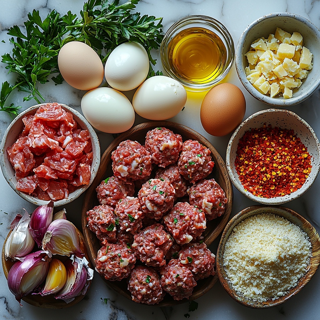 flat lay of ingredients for homemade meatballs arranged neatly on a clean white marble surface, featuring a large diced onion with translucent white and pale purple tones, three cloves of finely minced garlic in a small rustic bowl, a small dish of bright red crushed red pepper flakes, a bowl of rich pinkish-red ground beef mixed with Italian sausage, two large fresh brown eggs cracked open with visible yolks, a white ceramic cup filled with finely grated pale yellow Parmigiano cheese, a small pile of vibrant green freshly diced Italian parsley, a bowl of golden breadcrumbs with a coarse texture, a small clear glass of creamy white milk or water, and a small dish of golden olive oil glistening under soft natural light, all ingredients spaced evenly with some fresh parsley sprigs scattered artistically, emphasizing rich textures and warm earthy colors, minimalist and clean styling, overhead shot, top down view, flat lay photography, professional food styling --ar 1:1 --q 2 --s 750 --v 6.1