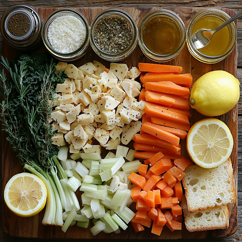 Lemon, halved and whole with bright yellow skin and juicy texture; fresh rosemary and thyme sprigs, vibrant green and fragrant; half an onion, finely chopped with white and purple hues; three orange carrots, sliced and whole showing bright, crisp textures; three celery ribs, chopped, pale green and fibrous; three cloves garlic, peeled and minced with smooth, off-white surfaces; small bowl of coarse kosher salt sparkling like crystals; small bowl of Italian seasoning with mixed dried herbs in earthy greens and browns; can of white cannellini beans drained and glistening; pile of shredded kale, deep dark green with ruffled leaves; cooked shredded chicken or turkey, tender and pale cream colored; glass jar or measuring cup with golden olive oil; bowl of rich, amber chicken broth; fresh lemons with bright yellow peel and juicy sliced halves; small wedge of grated Parmesan cheese with crumbly texture; thick slices of crusty bread with rustic golden crust; small pat of butter creamy pale yellow; arranged neatly on a clean white or light wood surface, ingredients spaced evenly with natural shadows, emphasizing fresh colors and varied textures; props styled minimally with rustic kitchen towels and wooden spoons subtly placed; overhead shot, top down view, flat lay photography, professional food styling --ar 1:1 --q 2 --s 750 --v 6.1