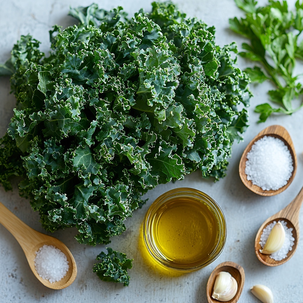 A clean white surface with a large bunch of vibrant dark green kale leaves, stems removed and torn into roughly 2-inch pieces, arranged loosely in a natural, organic cluster. Nearby, a small glass ramekin filled with golden olive oil, catching soft light to showcase its rich, glossy texture. Scattered around are small wooden spoons holding coarse sea salt and fine white garlic powder, adding subtle texture contrast. The scene is styled with minimal, modern aesthetics, emphasizing the fresh, earthy colors and crisp textures of the ingredients. Soft natural lighting enhances the deep greens of the kale and the warm hue of the olive oil, with delicate shadows adding depth. Overhead shot, top down view, flat lay photography, professional food styling --ar 1:1 --q 2 --s 750 --v 6.1