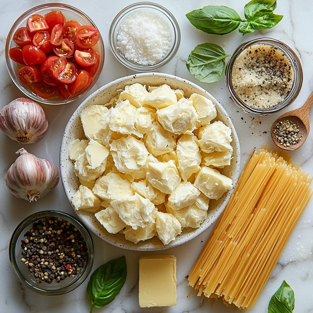 Roasted garlic bulbs with golden, papery skins slightly peeled back to reveal soft, caramelized cloves; a medium yellow onion finely chopped into small translucent pieces in a white ceramic bowl; a can of vibrant red diced tomatoes with visible tomato chunks; fresh bright green basil leaves and finely chopped basil scattered artfully; a small glass bowl of creamy, pale ivory heavy cream; a few pats of smooth unsalted butter with a soft sheen; a small pile of finely grated Parmesan cheese, slightly fluffy and off-white; a nest of uncooked golden-yellow spaghetti pasta; a small glass dish of rich, glossy olive oil with a slight green tint; sea salt crystals and coarse black peppercorns arranged neatly; and a tiny heap of crushed red pepper flakes with a rusty red color. All ingredients are thoughtfully spaced on a clean white marble surface, with natural soft daylight from the side creating gentle shadows and highlighting textures—from the papery garlic skin to the creamy Parmesan and glistening olive oil. Minimal rustic props like a wooden spoon and fresh basil sprigs add warmth and authenticity. Overhead shot, top down view, flat lay photography, professional food styling --ar 1:1 --q 2 --s 750 --v 6.1