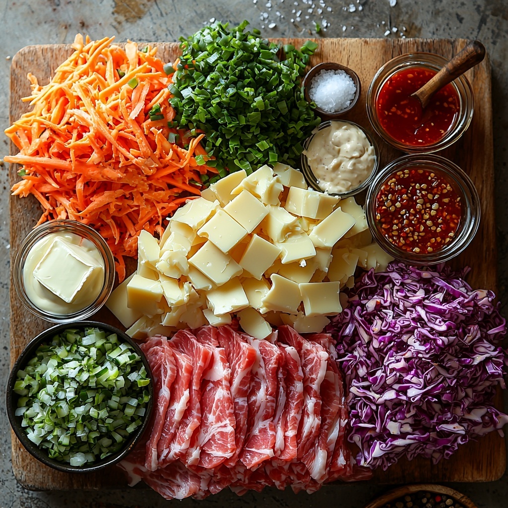 Keto Reuben bowl ingredients artfully arranged on a clean white surface for flat lay photography: a bag of colorful coleslaw mix with shredded green and purple cabbage and orange carrots in a small rustic bowl, tender strips of pink and marbled corned beef laid out neatly on a wooden cutting board, a small pat of golden melted butter in a clear glass dish, a pile of pale yellow Swiss cheese slices with characteristic holes arranged beside the beef, a bunch of fresh bright green scallions with white bulbs fanned out elegantly, a creamy bowl of thick white mayonnaise, a small ramekin of deep red sugar-free ketchup, a tiny dish of smooth off-white horseradish, a few drops of fiery orange hot sauce in a spoon, a small glass container with dark brown Worcestershire sauce, and scattered coarse white salt crystals and specks of black peppercorns artfully sprinkled around. The composition has a bright, natural light highlighting vivid colors and varied textures—from leafy crispness to tender meat and creamy sauces—with clean, minimalistic styling that emphasizes freshness and quality. Overhead shot, top down view, flat lay photography, professional food styling --ar 1:1 --q 2 --s 750 --v 6.1