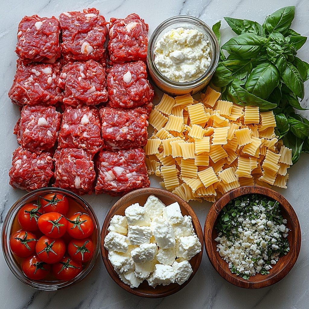 A vibrant flat lay of ingredients for cheesy lasagna soup, arranged neatly on a clean white marble surface: raw ground beef with rich red and pink tones, a medium onion roughly chopped showing white and purple layers, two peeled garlic cloves beside a small pile of finely minced garlic, an open can of bright red crushed tomatoes spilling slightly, a clear glass measuring cup filled with golden chicken broth, broken pieces of uncooked pale yellow lasagna noodles scattered naturally, small wooden bowls holding fragrant Italian seasoning (earthy greens and browns), fine white salt crystals, and coarse black peppercorns, an open can of creamy white ricotta cheese with a smooth texture, a heap of shredded mozzarella cheese in soft white strands, a small bowl of finely grated Parmesan cheese showing a granular texture, and fresh vibrant green basil and parsley leaves artfully placed for color contrast. Soft natural light from one side highlights the varied textures and rich colors, with subtle shadows adding depth. Overhead shot, top down view, flat lay photography, professional food styling --ar 1:1 --q 2 --s 750 --v 6.1