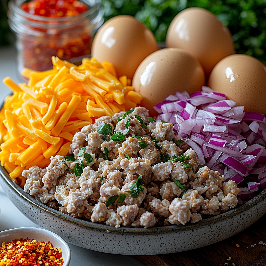 mozzarella cheese shredded in a small clear glass bowl, shredded cheddar cheese in a ceramic bowl, four large brown eggs arranged neatly in a rustic carton, cooked and crumbled breakfast sausage piled on a white plate, diced vibrant red onion in a small white ramekin, fresh bright green chopped parsley scattered delicately on a wooden spoon, small glass jar of red pepper flakes with some flakes spilled artistically nearby, coarse salt and freshly cracked black pepper in matching small white dishes, all ingredients arranged separately but harmoniously on a clean white marble surface with soft natural lighting highlighting the textures of the cheeses, the glisten of the sausage, the smooth eggshells, and the vibrant colors of onion and herbs, minimal shadows, subtle props like a folded linen napkin and wooden cutting board partially visible for depth, overhead shot, top down view, flat lay photography, professional food styling --ar 1:1 --q 2 --s 750 --v 6.1