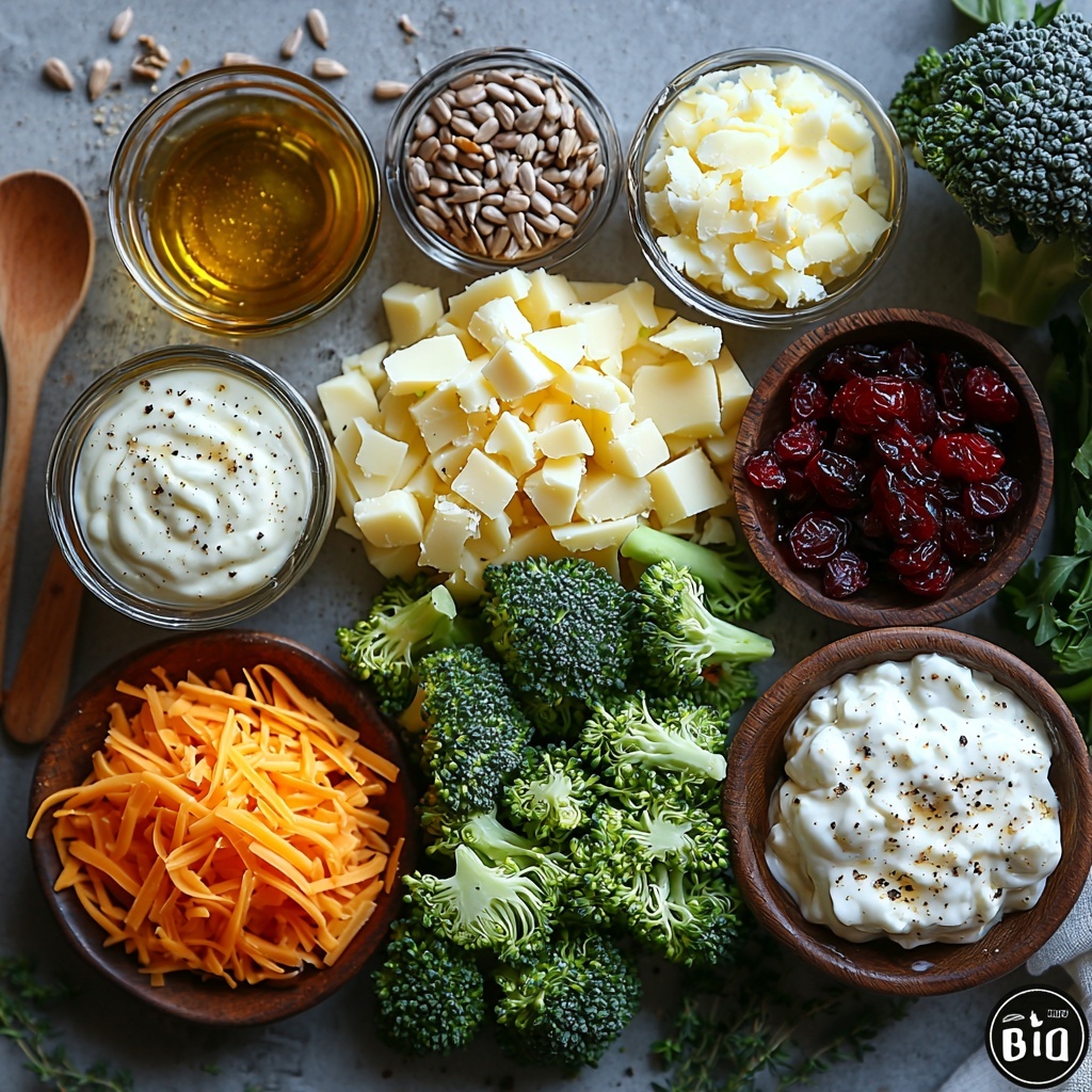 A clean white surface with fresh broccoli florets clustered on one side, vibrant dark green and textured; nearby a small bowl of creamy, pale mayonnaise; a glass ramekin of golden honey glistening under soft light; a small clear bowl filled with amber apple cider vinegar; a scattering of bright red dried cranberries adding pops of color; a neat pile of shredded sharp orange cheddar cheese with fine texture; a small mound of finely chopped deep purple-red onions; a handful of rustic, beige sunflower seeds spilling gently on the surface; crispy, reddish-brown bacon bits arranged in a small wooden bowl; coarse grains of salt and cracked black peppercorns artistically sprinkled around for texture; all ingredients thoughtfully spaced with some natural shadow play and rustic wooden spoons and linen napkins placed nearby to enhance warmth and homeliness; overhead shot, top down view, flat lay photography, professional food styling --ar 1:1 --q 2 --s 750 --v 6.1