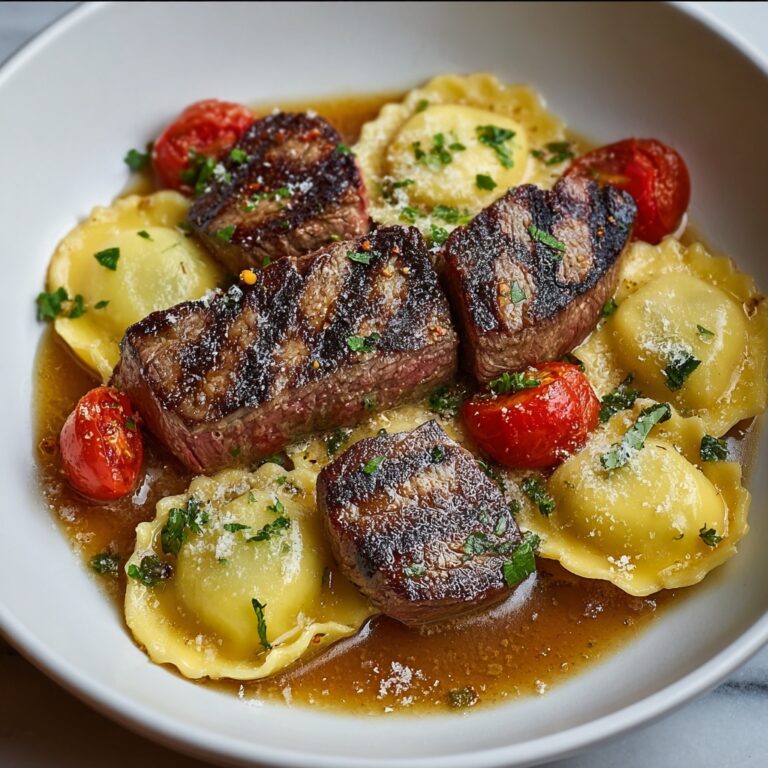 Creamy Tomato Mushroom Ravioli with Seared Steak Recipe