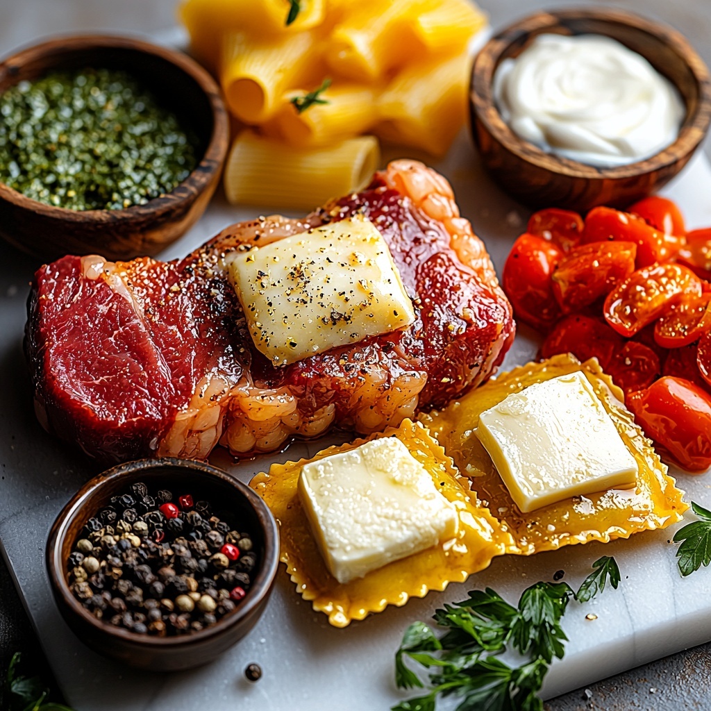 A vibrant flat lay of fresh cooking ingredients arranged neatly on a clean white marble surface: raw sirloin or ribeye steak with rich red marbling, a small bowl of golden olive oil, whole black peppercorns scattered by a rustic spoon, a sprinkle of coarse salt crystals; bright green chopped green onions in a delicate glass bowl; plump cheese-filled ravioli with smooth, pale pasta dough; a small pat of creamy butter; a bowl of crushed red tomatoes with a rich red color; a cup of thick, glossy heavy cream in a glass measuring cup; fresh sliced mushrooms showing soft beige and brown tones; diced colorful bell pepper pieces in red, yellow, and orange hues; diced fresh green zucchini cubes; two garlic cloves with papery white skin and some minced garlic in a tiny ramekin; a pinch of crushed red pepper flakes adding vibrant red specks; chopped fresh parsley leaves with deep green color; a small bowl of finely grated Parmesan cheese with snowy white texture; and freshly cracked ground black pepper on the side. Each item is spaced thoughtfully, showcasing contrasting colors and textures from the silky pasta to the earthy mushrooms and bright vegetables. Natural soft light highlights the ingredients’ freshness and details, with subtle shadows adding depth and warmth. Overhead shot, top down view, flat lay photography, professional food styling --ar 1:1 --q 2 --s 750 --v 6.1