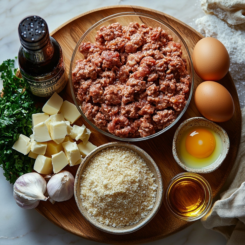 400g raw ground beef and 200g raw ground pork placed side by side in small glass bowls showing their rich red and pink hues and coarse texture; a small mound of light golden breadcrumbs next to them on a clean white ceramic plate; finely chopped white onion scattered neatly beside two peeled garlic cloves with a slightly rough texture; a cracked large brown egg in a clear bowl with visible yolk and whites; a small dark bottle of Worcestershire sauce with a glossy label partially visible; a tiny bowl of dried thyme with delicate green flakes; small piles of salt crystals and coarse black peppercorns on a wooden spoon; a small clear glass bowl of golden olive oil glistening under soft light; fresh brown mushrooms sliced with visible gills arranged fanned out on a rustic wooden board; a pat of creamy unsalted butter on a ceramic butter dish; a heap of pale beige all-purpose flour in a shallow dish; a clear glass jug filled with rich brown beef stock; a small white bowl of thick pale ivory heavy cream; and a sprinkling of vibrant chopped fresh parsley leaves placed artfully on the edges of the composition—all arranged on a spotless light marble countertop with natural soft daylight casting gentle shadows, highlighting textures and colors for maximum visual appeal, styled with minimal rustic props like a wooden spoon and linen napkin for warmth—overhead shot, top down view, flat lay photography, professional food styling --ar 1:1 --q 2 --s 750 --v 6.1