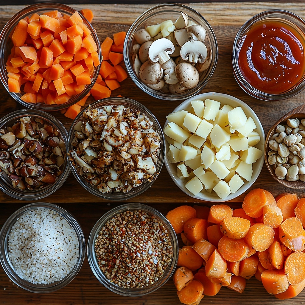 extra virgin olive oil in a small glass bowl with rich golden-yellow color and smooth texture, diced medium onion with white and pale purple hues scattered gently, minced garlic cloves in a tiny white dish showing fine texture, diced medium carrot pieces bright orange and crisp, chopped baby mushrooms with earthy brown and cream tones arranged loosely, small wooden spoon holding Italian seasoning with green and brown mixed herbs, teaspoon scoops of paprika, salt, and ground black pepper placed neatly on tiny white spoons showing vivid red, pure white, and dark speckled colors, a can of lentils spilled slightly onto a rustic white plate revealing soft tan and brown lentils, a small bowl of golden breadcrumbs with coarse texture, a wooden bowl filled with toasted walnuts showing warm brown crunchy texture, one large egg with smooth white shell, a glass bottle of Worcestershire sauce with rich dark brown liquid partially poured, small bowls of bright red ketchup and deep reddish-brown BBQ sauce with glossy surfaces, all ingredients thoughtfully spaced on a clean light wood surface with natural soft lighting, slight shadows for depth, minimal props, fresh and vibrant appearance, overhead shot, top down view, flat lay photography, professional food styling --ar 1:1 --q 2 --s 750 --v 6.1