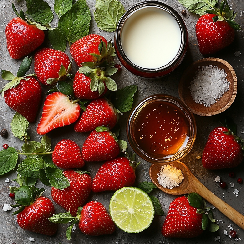 Fresh strawberries halved and whole with vibrant red hues and green leaves, a rustic open can of creamy white full-fat coconut milk with smooth texture, a small glass bowl of golden maple syrup glistening under soft light, a wooden spoon holding smooth vanilla extract, a small clear bowl with bright fresh lime juice, and a pinch of coarse salt crystals scattered delicately on a clean matte white surface. Ingredients are thoughtfully spaced with natural shadows, showcasing vivid colors and contrasting textures—juicy strawberries, silky coconut milk, and glossy syrup. Minimalist rustic props like a linen napkin folded to one side, a vintage spoon, and a sprig of mint add subtle warmth and freshness. Soft natural light from the side emphasizes the freshness and creaminess, with slight depth of field to keep focus sharp across all elements. Overhead shot, top down view, flat lay photography, professional food styling --ar 1:1 --q 2 --s 750 --v 6.1