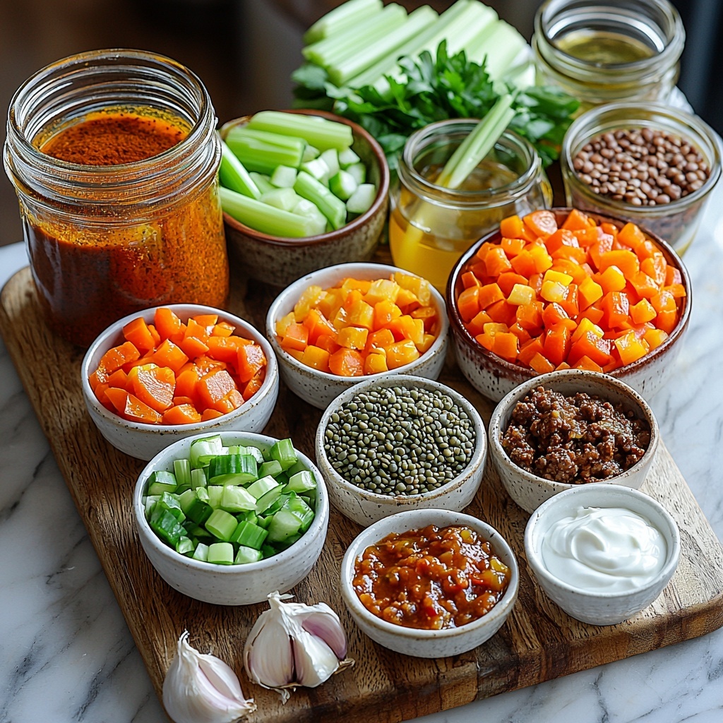 Moroccan spice mix, ground allspice, cumin powder, paprika, black pepper, salt in small rustic bowls; golden olive oil in a glass jar; finely chopped garlic cloves and onion on a wooden cutting board; raw lean ground beef in a small ceramic dish; dried lentils in a small clear bowl; diced bright orange carrots, chopped celery stalks, diced green zucchinis, trimmed green beans each arranged neatly in separate white porcelain bowls; vibrant crushed canned tomatoes in a rustic bowl; clear glass measuring cup with low-sodium beef stock and a separate one with water; dollop of creamy plain Greek yogurt in a small white ramekin; fresh bright green coriander leaves and sliced green onions on a small plate; all ingredients laid out on a clean white marble surface, arranged with balanced spacing to emphasize contrasting colors and textures — warm earth tones from spices and beef, fresh greens and bright veggies, glossy liquids and creamy yogurt — natural soft lighting highlighting the freshness and richness, minimal shadows, slight rustic kitchen props like a wooden spoon and linen napkin subtly placed to add warmth and depth, crisp focus on all elements, slight overhead vignette for visual interest — overhead shot, top down view, flat lay photography, professional food styling --ar 1:1 --q 2 --s 750 --v 6.1