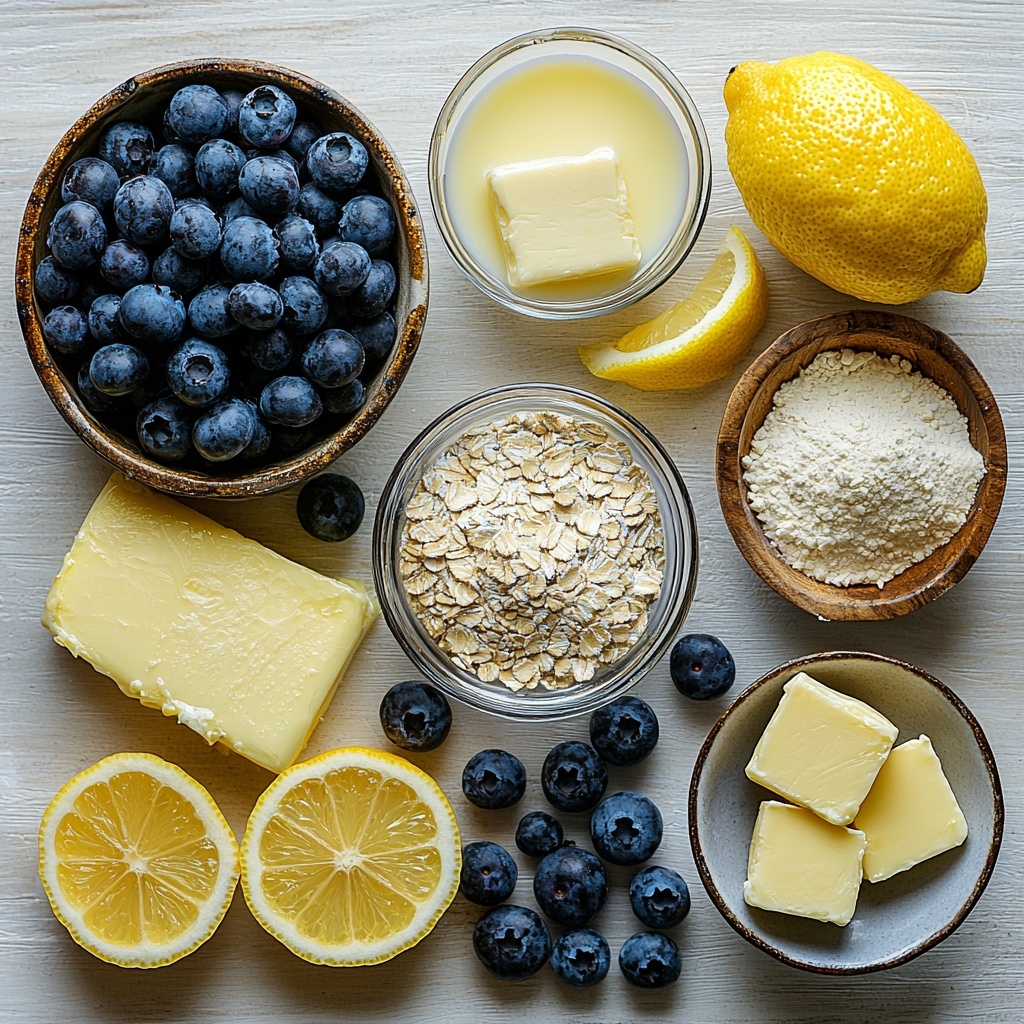 A clean, bright surface with all main ingredients for a Homemade Blueberry Lemon Danish arranged neatly in an inviting flat lay composition: a small mound of white baking mix powder, a bowl of granulated sugar sparkling under soft light, a block of creamy unsalted butter partially softened with a smooth texture, a glass measuring cup filled with pale milk, fresh vibrant lemon zest strands scattered artistically near a lemon wedge, a rustic bowl of deep blue glossy blueberry pie filling with visible berries, a small pile of plain flour and quick oats mixed lightly showing coarse textures, chunks of cold butter for crumble topping with a slight sheen, a small dish of bright yellow lemon zest for topping, a bowl of fine powdered sugar appearing soft and snowy, and a shot glass of fresh lemon juice glistening with condensation. The ingredients are spaced with gentle shadows and natural light highlighting their contrasts — creamy, powdery, juicy, crumbly textures in soft neutral and vibrant blue and yellow tones. Minimal props, light wooden or marble background to enhance freshness and rustic elegance, styled for a cozy homemade baking atmosphere. Overhead shot, top down view, flat lay photography, professional food styling --ar 1:1 --q 2 --s 750 --v 6.1