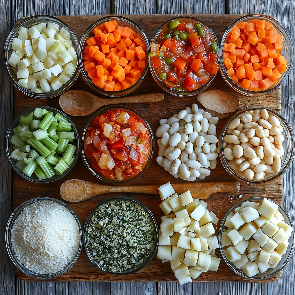 Midjourney prompt:

A bright and clean flat lay of the main ingredients for minestrone soup arranged neatly on a light wooden surface. Two tablespoons of golden olive oil in a small glass bowl, a medium chopped onion with white and purple layers visible, three cloves of peeled garlic minced and scattered, two crisp light green celery ribs chopped, and two peeled and sliced vibrant orange carrots. A rustic can of deep red crushed tomatoes with a few spilled drops, a small bowl of drained glossy dark red kidney beans, another bowl with creamy white beans, and a handful of fresh chopped green beans showcasing varied green hues. A chopped medium zucchini revealing pale green skin and white flesh, a small heap of elbow pasta in off-white tones, a small dish of coarse Italian seasoning with earthy browns and greens, a tiny spoon of white granulated sugar, salt and pepper grains sprinkled subtly around. A wedge of parmesan cheese with crumbled texture and soft yellow color nearby. The ingredients are arranged with balanced spacing, natural light casting soft shadows, emphasizing contrasting colors and textures, styled with minimal rustic props like a wooden spoon and linen cloth. Overhead shot, top down view, flat lay photography, professional food styling --ar 1:1 --q 2 --s 750 --v 6.1