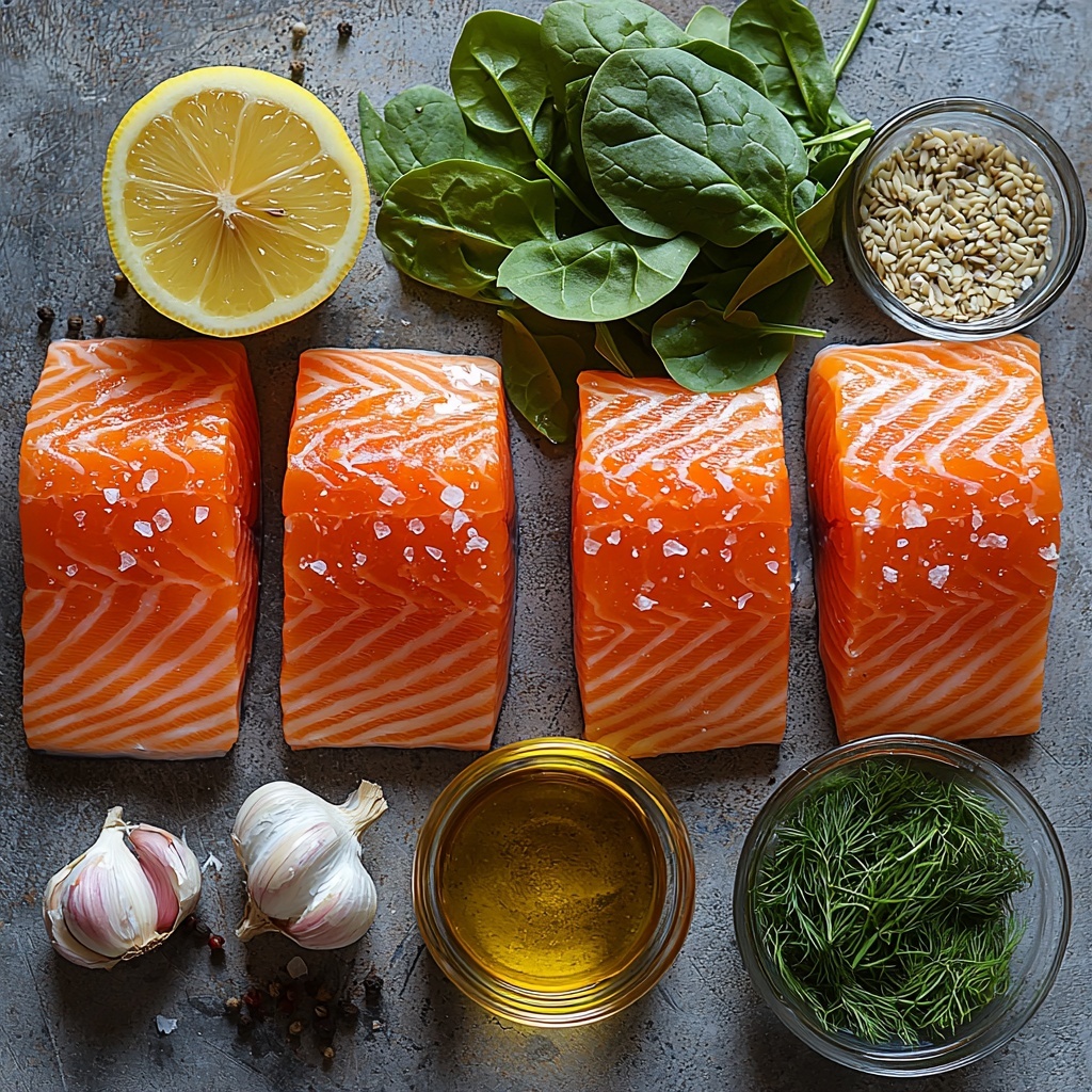 A clean, bright surface with all main ingredients neatly arranged for a flat lay: two raw salmon fillets with their rich pink-orange color and subtle marbling placed side by side; a small mound of pale beige dry orzo pasta grains in a clear glass bowl; a lemon cut in half showing vibrant yellow flesh alongside a whole lemon with bright yellow skin; fresh baby spinach leaves in a loose pile, deep green with a slight sheen; a small heap of finely chopped shallot, pale purple with delicate layers; two large garlic cloves, peeled and white with a smooth texture; a small dish of golden olive oil next to a tiny container of light green avocado oil; a small bowl filled with finely chopped fresh dill, bright herbaceous green; sprinkles of coarse salt and black peppercorns scattered lightly to add texture; the ingredients spaced evenly with natural light casting soft shadows enhancing colors and textures, styled simply with minimal props emphasizing freshness and clarity, overhead shot, top down view, flat lay photography, professional food styling --ar 1:1 --q 2 --s 750 --v 6.1