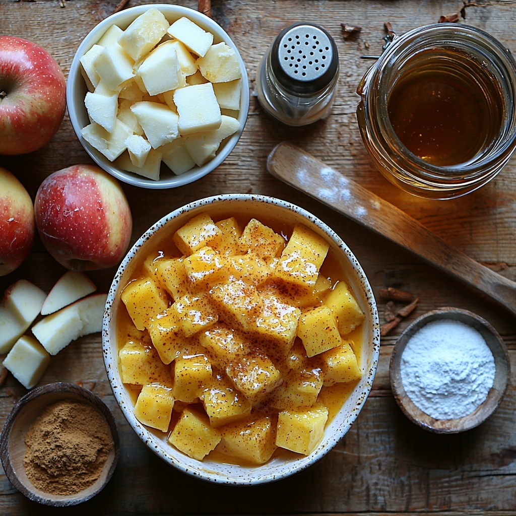 3 large eggs in a small white bowl, smooth and glossy pumpkin puree in a rustic ceramic ramekin, a clear glass measuring cup filled with creamy whole milk, small wooden spoon resting on a mound of light brown sugar, a tiny glass jar of rich amber vanilla extract, delicate teaspoons holding vibrant ground cinnamon, ground nutmeg, and ground cloves arranged in a neat row with warm brown and beige hues, a small pinch bowl with fine white salt crystals, thick-cut slices of golden brioche bread stacked slightly askew to show fluffy texture, a small pat of creamy butter on a vintage butter knife, peeled and diced bright red apples in a simple white bowl, a small saucepan with melted butter mixed with glistening caramelized diced apples dusted lightly with cinnamon, a clear glass bottle of maple syrup catching natural light, a small sifter casting soft shadows next to a pile of fine white powdered sugar, all ingredients thoughtfully spread out on a clean pale wooden surface with natural soft daylight highlighting textures and colors, warm tones enhancing the autumnal fall theme, minimal props to keep focus on ingredients, rustic and cozy vibe, overhead shot, top down view, flat lay photography, professional food styling --ar 1:1 --q 2 --s 750 --v 6.1