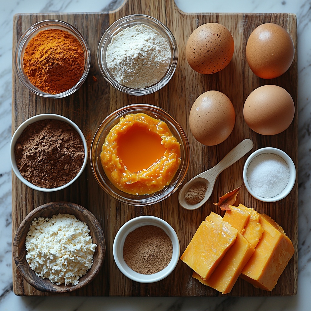 pumpkin puree in a small glass bowl showing vibrant deep orange smooth texture, cream cheese block soft and full-fat on a wooden cutting board with a small dollop taken out, two large brown eggs cracked open with shells beside them, piles of all-purpose flour and brown sugar in small white ceramic bowls showing fine powder and granular textures, granulated sugar in a small glass bowl sparkling under soft light, vegetable oil in a clear glass jug reflecting light, vanilla extract in a tiny amber bottle with a rustic label, a heap of pumpkin pie spice powder with warm brown and orange hues on a wooden spoon, baking soda and salt in tiny white ramekins, ingredients arranged neatly and spaced evenly on a clean white marble surface, warm natural lighting highlighting the rich autumnal colors and varied textures, minimal props with subtle shadows for depth, a few autumn leaves casually placed to add seasonal feel, overhead shot, top down view, flat lay photography, professional food styling --ar 1:1 --q 2 --s 750 --v 6.1