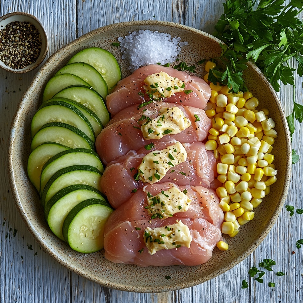 4 boneless skinless chicken breasts raw, plump and pale pink with slight marbling, arranged neatly in a row; next to them, four tablespoons of golden garlic butter on a small rustic ceramic dish, glistening and creamy; two medium zucchinis sliced into vibrant green rounds with visible seeds, fanned out artistically; one cup of bright yellow fresh corn kernels scattered loosely on a small white bowl and a few spilled around for natural texture; small piles of coarse sea salt and cracked black peppercorns placed near the chicken for seasoning detail; fresh parsley sprigs with deep green leaves placed delicately to one side adding a pop of color and freshness; all ingredients set on a clean light wood surface with soft natural light casting gentle shadows; clean composition with balanced negative space; emphasis on textures like the smooth butter, crisp zucchini, juicy corn, and tender chicken; subtle rustic props like a linen napkin edge peeking in; overhead shot, top down view, flat lay photography, professional food styling --ar 1:1 --q 2 --s 750 --v 6.1