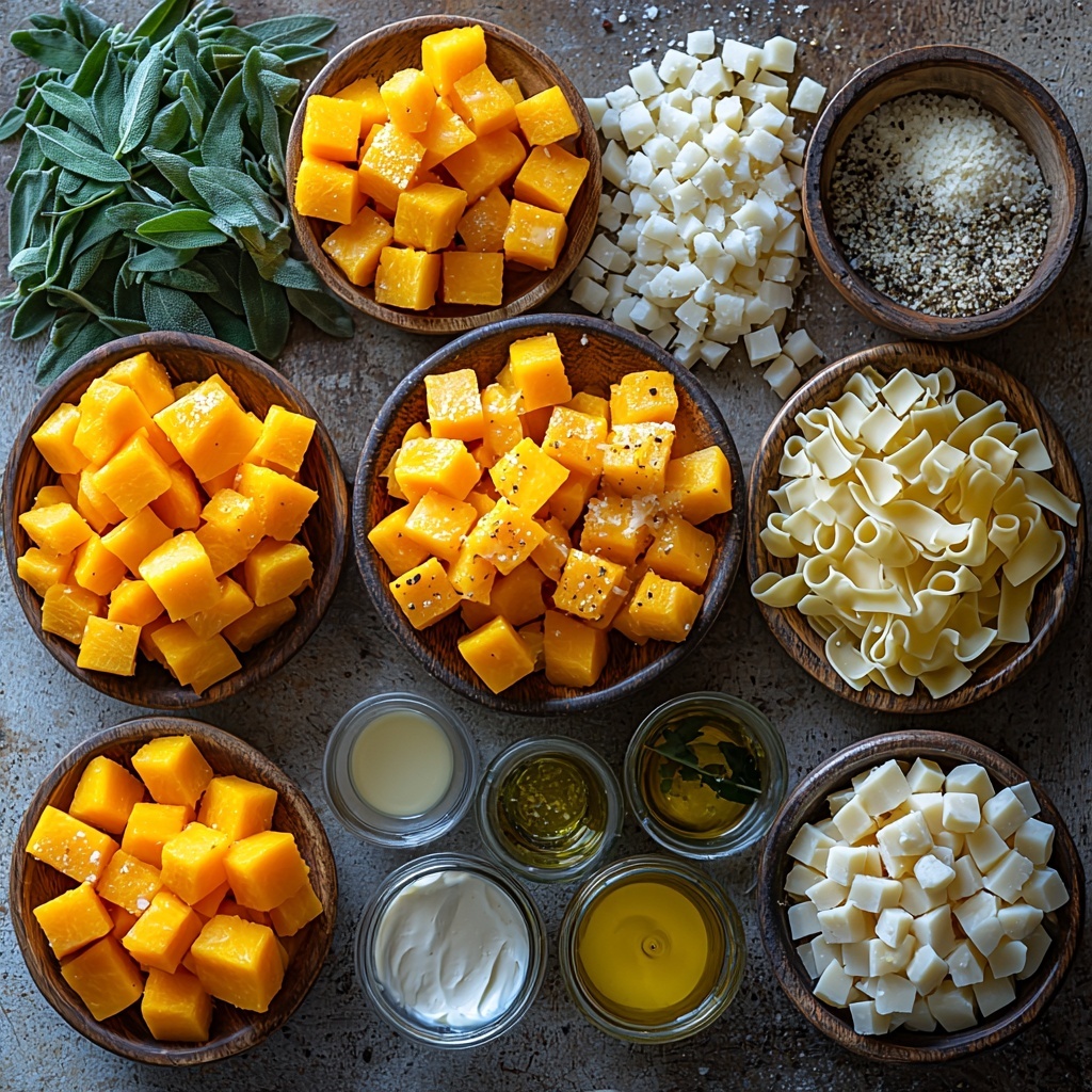 Butternut squash cubes vibrant orange, peeled and neatly cubed, a small rustic wooden bowl of uncooked pasta (fettuccine, penne, or rigatoni) pale golden with natural texture, a small glass bowl of creamy white heavy cream, a small pile of chopped fresh sage or parsley with bright green leaves, a cluster of peeled garlic cloves white and smooth, a finely chopped small onion with white and purple hues, a small glass container of golden olive oil with light reflections, a small mound of grated Parmesan cheese off-white with fine granular texture, measuring spoons with sprinklings of ground nutmeg, black pepper, and salt arranged artistically on a clean white matte surface, soft natural lighting highlighting the vibrant fall colors and various textures, shadows gentle and diffuse, arranged with balanced spacing to create harmony and focus on ingredient freshness and variety, overhead shot, top down view, flat lay photography, professional food styling --ar 1:1 --q 2 --s 750 --v 6.1