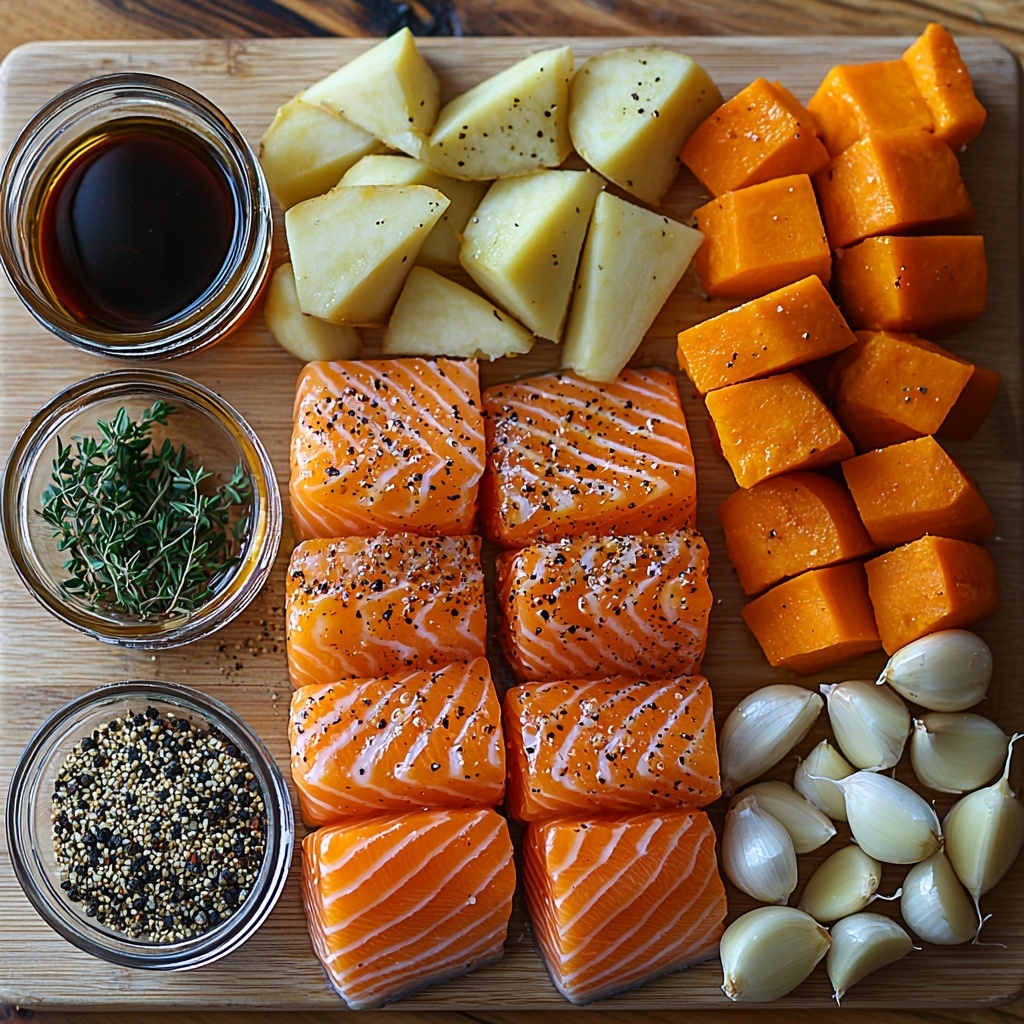 Fresh salmon fillets with vibrant pink-orange flesh, small glass bowls containing rich amber maple syrup, glossy dark soy sauce, smooth yellow Dijon mustard, minced white garlic cloves, and a small dish of coarse salt and cracked black pepper; alongside peeled and chunked bright orange carrots, creamy off-white parsnips, and warm golden sweet potatoes arranged in neat piles. Olive oil glistens in a small clear jar, with dried green thyme scattered artfully nearby. All ingredients are carefully spaced and styled on a clean, light wooden surface, emphasizing natural colors and textures with soft, diffused natural lighting to highlight freshness and warmth. Overhead shot, top down view, flat lay photography, professional food styling --ar 1:1 --q 2 --s 750 --v 6.1