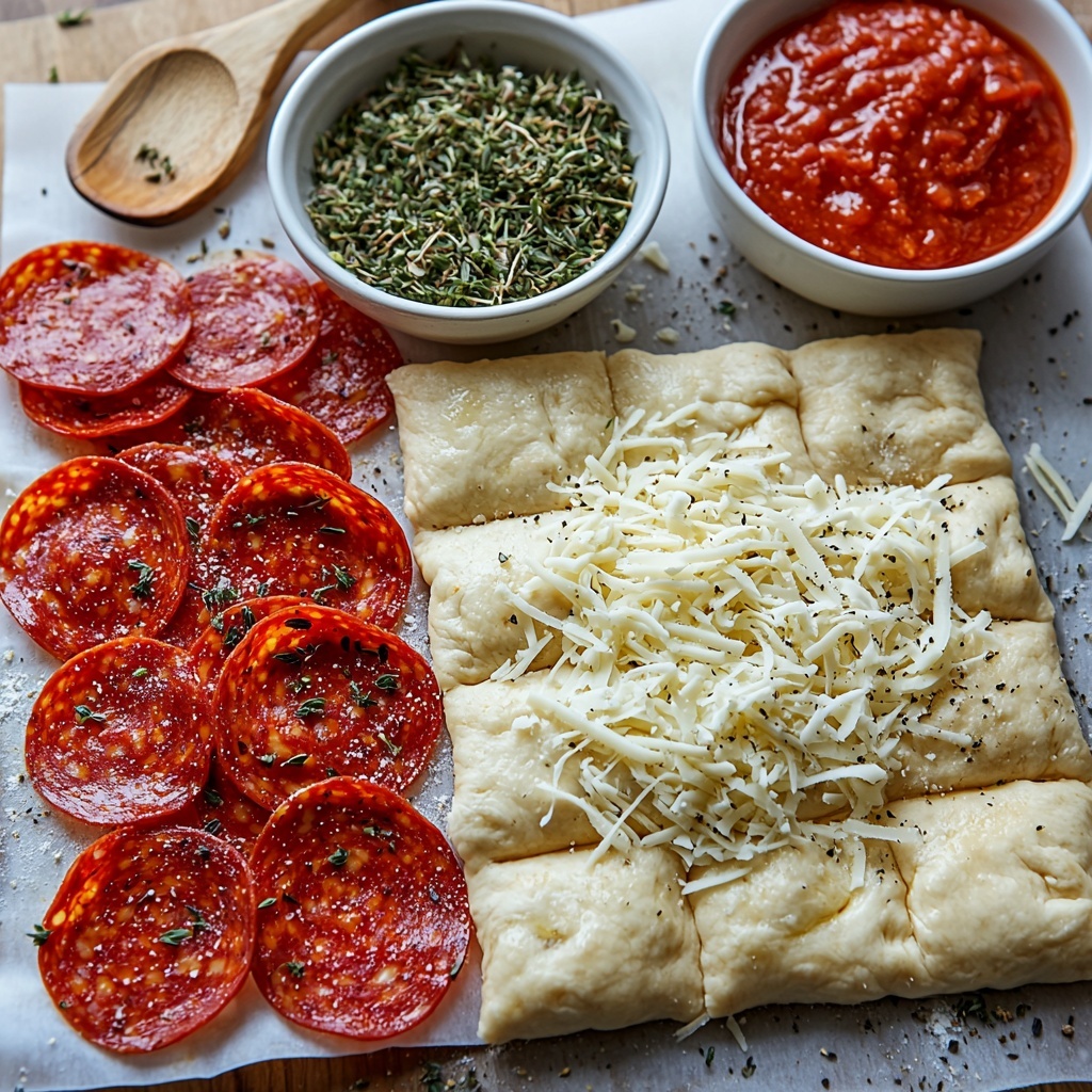 Pizza dough rolled out in a smooth, slightly floured square on a clean white surface, next to a small mound of shredded mozzarella cheese showing soft, fine white strands. Neatly arranged slices of bright red pepperoni with glossy edges scattered artfully around. A small white bowl filled with vibrant deep red marinara sauce placed nearby for dipping. A wooden spoon gently resting on the bowl adds rustic texture. Tiny piles of dried Italian seasoning herbs with green and brown flecks sprinkled delicately around the dough. Soft natural lighting highlights the varied textures and colors, creating warm inviting tones. Minimal shadows and clean, uncluttered space emphasize freshness and detail. Overhead shot, top down view, flat lay photography, professional food styling --ar 1:1 --q 2 --s 750 --v 6.1