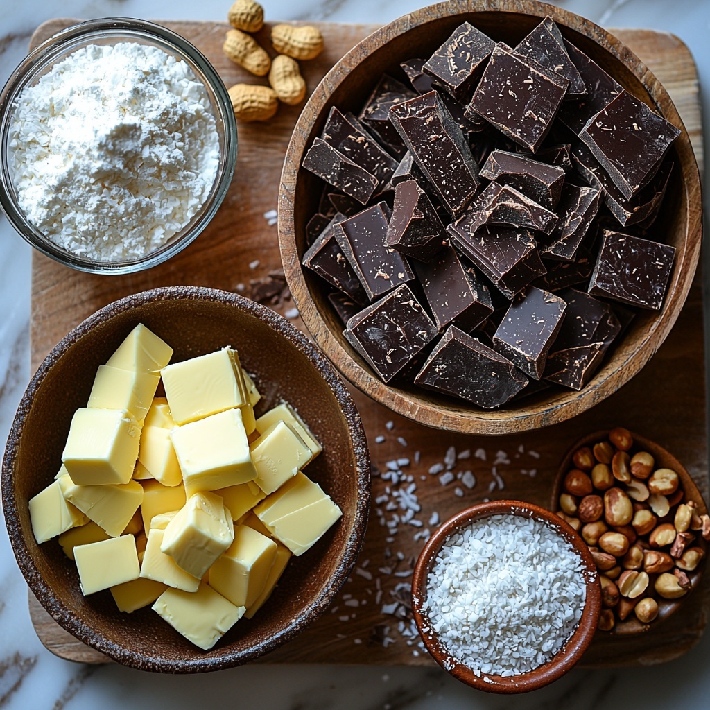 dark chocolate chopped into small pieces in a rustic bowl, smooth unsalted butter cubes on a small wooden board, cold heavy cream in a clear glass measuring cup, fine white powdered sugar gently dusted beside a small ceramic bowl, fluffy white desiccated coconut scattered loosely, colorful rainbow sprinkles in a clear dish, rich unsweetened cocoa powder sifted neatly on parchment paper, finely crushed golden peanuts in a textured ceramic bowl, all ingredients artfully arranged on a clean white marble surface with soft natural light and subtle shadows emphasizing textures and colors, minimal props with a cozy, inviting aesthetic, overhead shot, top down view, flat lay photography, professional food styling --ar 1:1 --q 2 --s 750 --v 6.1
