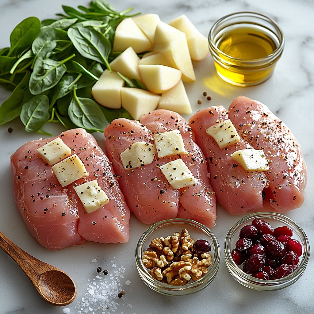 4 boneless skinless chicken breasts with a smooth, pale pink surface arranged neatly on a clean white marble countertop, small glass bowls containing creamy white sliced brie cheese and vibrant ruby red dried cranberries placed nearby, a bunch of fresh bright green chopped spinach scattered artfully around, small piles of coarse salt and ground black pepper adding texture, a small wooden spoon holding golden olive oil glistening under soft natural light, optional accents of fresh green herb sprigs—sage, thyme, and rosemary—alongside thinly sliced translucent apple pieces and a handful of crunchy chopped walnuts, all elements spaced evenly to balance colors and textures; soft shadows, minimal props, clean and modern styling, emphasizing freshness and natural tones, overhead shot, top down view, flat lay photography, professional food styling --ar 1:1 --q 2 --s 750 --v 6.1