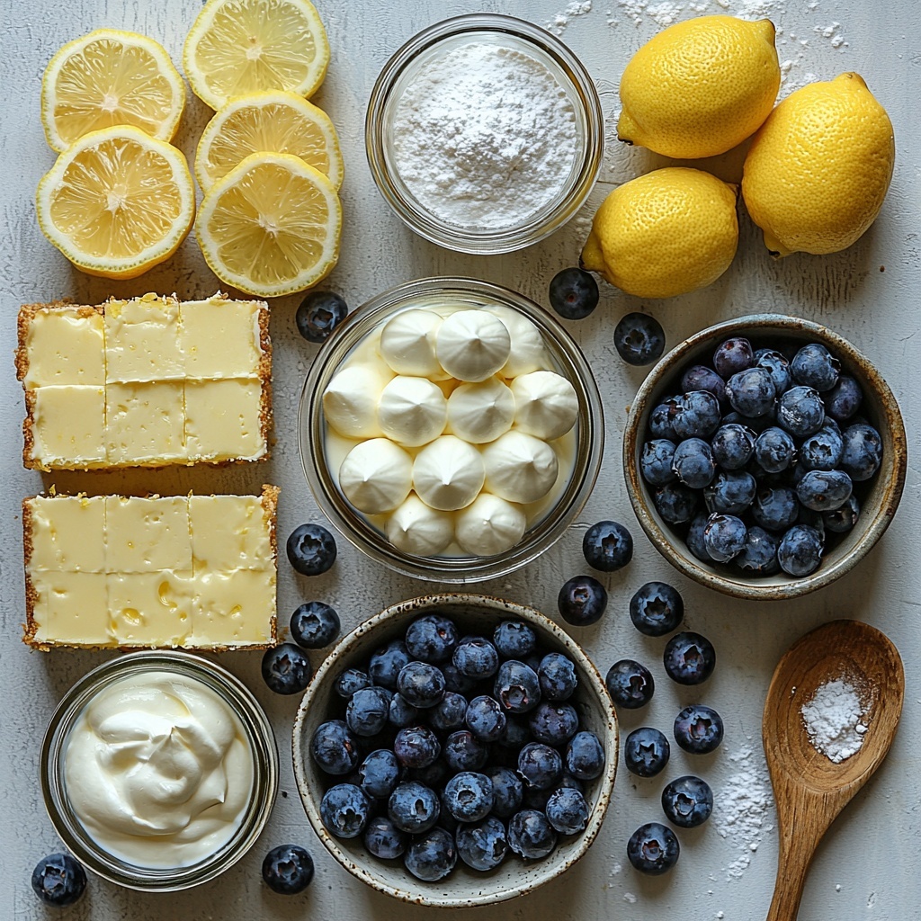 vibrant flat lay of ingredients for lemon blueberry cheesecake trifle arranged neatly on a clean white surface: smooth, creamy softened cream cheese in a small glass bowl, fine white powdered sugar sprinkled lightly beside it, fluffy white whipped topping dolloped elegantly in a separate bowl, bright yellow lemon pudding in a clear container showing glossy texture, rich deep blue glossy blueberry pie filling in a rustic ceramic bowl, light golden vanilla cake cubes stacked neatly with soft, spongy texture, handful of fresh plump blueberries scattered artfully for a pop of natural blue, thin strands of bright yellow lemon zest arranged delicately for garnish, crisp contrasting colors of yellow, blue, white and golden tones, soft natural lighting highlighting textures and freshness, minimal shadows, clean and inviting styling with subtle rustic props like linen napkin and wooden spoon nearby, overhead shot, top down view, flat lay photography, professional food styling --ar 1:1 --q 2 --s 750 --v 6.1