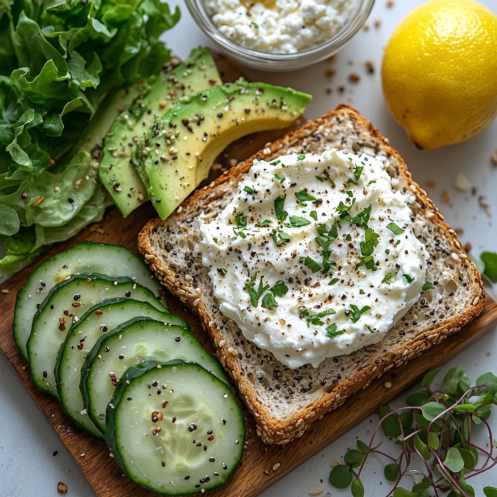 A clean white surface with four slices of rustic Dave’s Killer Bread 21 Whole Grains and Seeds arranged neatly, showcasing their hearty, seeded texture; a small bowl of creamy, whipped herbed goat cheese at room temperature with a rustic spreader beside it; fresh, vibrant green romaine lettuce leaves fanned out with visible crisp veins; half a peeled cucumber sliced thinly, revealing pale green, watery flesh with seeds; a ripe, perfectly sliced large avocado with smooth, buttery flesh in varying shades of light green to yellow; a small glass bowl of bright, delicate alfalfa sprouts with fine strands; a halved lemon with a slight sheen, hinting at fresh juice; scattered coarse salt crystals and freshly ground black peppercorns adding contrast and texture; all ingredients thoughtfully spaced to emphasize their natural colors and varied textures, soft natural lighting enhancing freshness, slight shadows for depth, minimalistic styling with a focus on organic, wholesome appeal, overhead shot, top down view, flat lay photography, professional food styling --ar 1:1 --q 2 --s 750 --v 6.1