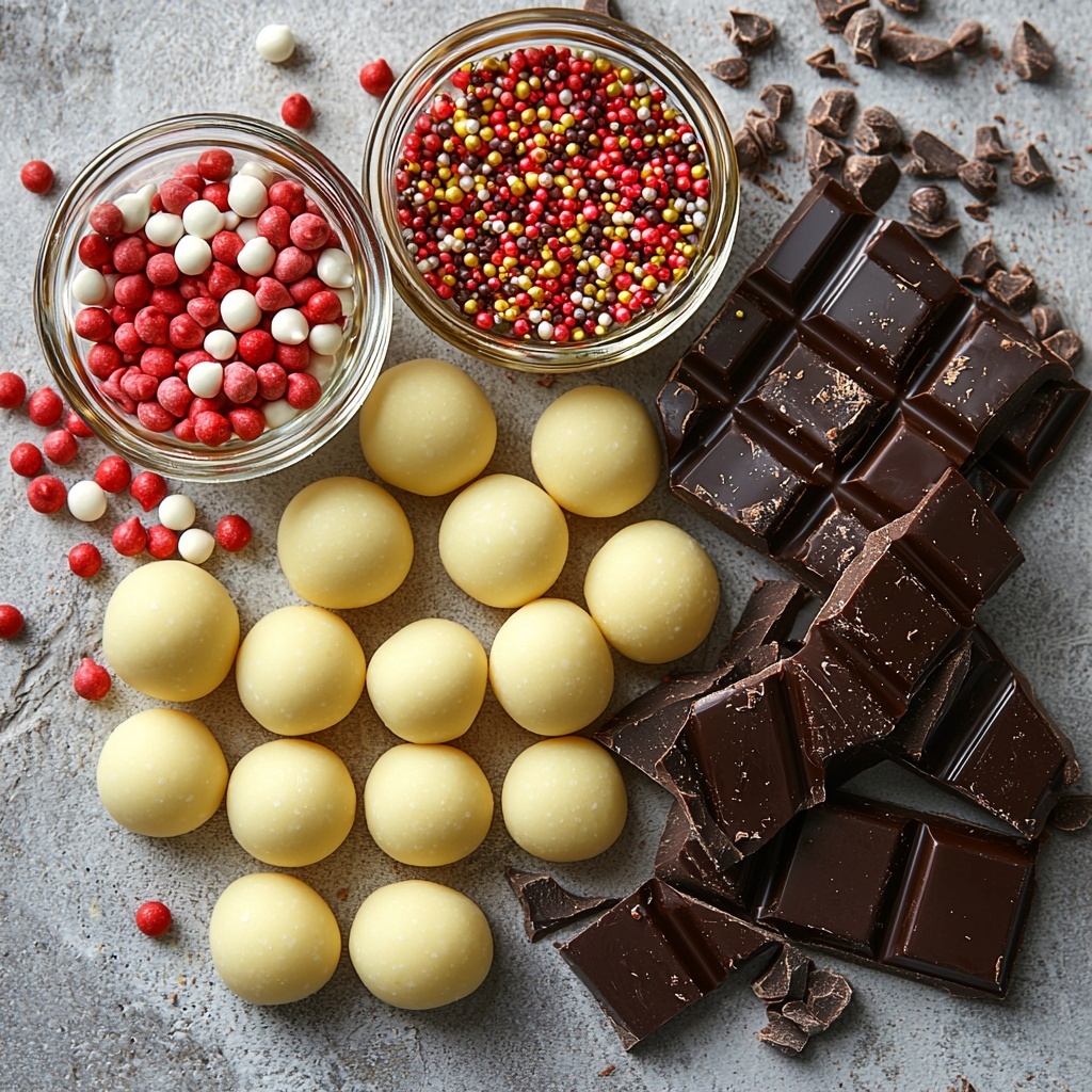 200 grams of smooth, pale beige marzipan shaped into small balls, a small glass bowl with a few drops of vibrant red and pink food coloring, a bar and chunks of glossy dark chocolate with rich deep brown tones, a small clear dish of golden vegetable oil, a scattering of colorful decorative sprinkles and sparkling edible glitter with bright reds, whites, and golds, all neatly arranged on a clean, matte white surface. The marzipan balls are grouped in one area, the food coloring drops in a tiny bowl nearby, the dark chocolate pieces artfully broken and placed beside the vegetable oil, and the sprinkles gently spread in a small pile to add pops of color and texture contrast. Soft natural light casts gentle shadows highlighting the satiny sheen of the chocolate and the smooth texture of the marzipan. Minimalist styling with subtle touches of rustic charm, capturing freshness and inviting warmth. overhead shot, top down view, flat lay photography, professional food styling --ar 1:1 --q 2 --s 750 --v 6.1