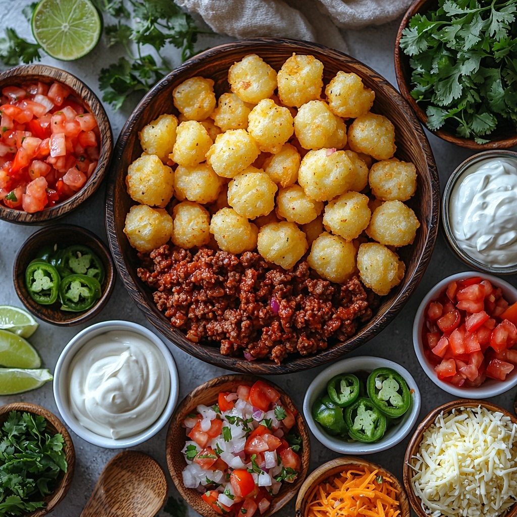 A clean white surface neatly arranged with the main ingredients for loaded tater tot nachos: a rustic wooden bowl filled with frozen golden tater tots showcasing their crispy texture; a small clear glass bowl with vibrant, reddish-brown cooked ground beef seasoned with taco spices; a small white ramekin holding smooth, creamy queso cheese with a pale yellow hue; a shallow dish overflowing with shredded Monterey Jack cheese, soft and slightly stringy, bright white with subtle yellow tones; a colorful bowl of fresh pico de gallo bursting with red tomatoes, green cilantro flecks, white onions, and jalapeño slices; a small bowl of thick, glossy sour cream in pristine white; fresh green lime wedges arranged artfully on a small plate; a few slices of shiny, dark green jalapeños scattered around; sprigs of bright, fresh cilantro adding a pop of lively green color. All ingredients are spaced evenly with natural light enhancing the textures and colors, soft shadows creating depth, surrounded by minimal props such as a wooden spoon and a linen napkin for warmth and authenticity. overhead shot, top down view, flat lay photography, professional food styling --ar 1:1 --q 2 --s 750 --v 6.1
