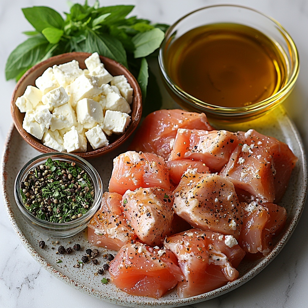 4 boneless, skinless chicken breasts raw with smooth pale pink skin, a small glass bowl of golden amber hot honey with a glossy sheen, a ceramic bowl filled with crumbly white feta cheese, small dish of rich green olive oil glistening under light, two garlic cloves peeled and minced with fine texture, a small pile of dried oregano with dusty green leaves, salt and black peppercorns scattered sparingly, fresh bright green parsley sprigs neatly arranged for garnish; all ingredients thoughtfully spaced on a clean white marble surface with soft natural lighting, subtle shadows creating depth, textures highlighted—smooth chicken, sticky honey, crumbly feta, oily shine, delicate dried herbs; a modern minimalist food styling with negative space for a balanced composition, emphasizing freshness and vibrant colors; overhead shot, top down view, flat lay photography, professional food styling --ar 1:1 --q 2 --s 750 --v 6.1