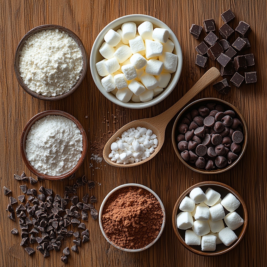 powdered sugar in a small white bowl, deep brown unsweetened cocoa powder neatly scooped on a clean wooden spoon, fluffy off-white powdered milk presented in a clear glass jar, a small heap of fine white cornstarch next to a tiny wooden scoop, a small pinch of salt in a delicate ceramic dish, glossy dark mini chocolate chips scattered loosely on a neutral linen cloth, soft white mini marshmallows grouped in a small rustic bowl, warm brown ground cinnamon in a small ramekin, pale beige vanilla powder displayed in a minimalistic open container, crushed red and white peppermint candies sprinkled artfully around, all ingredients arranged symmetrically on a smooth light wood surface, soft natural lighting highlighting varied textures, subtle shadows for depth, warm and cozy color palette, overhead shot, top down view, flat lay photography, professional food styling --ar 1:1 --q 2 --s 750 --v 6.1