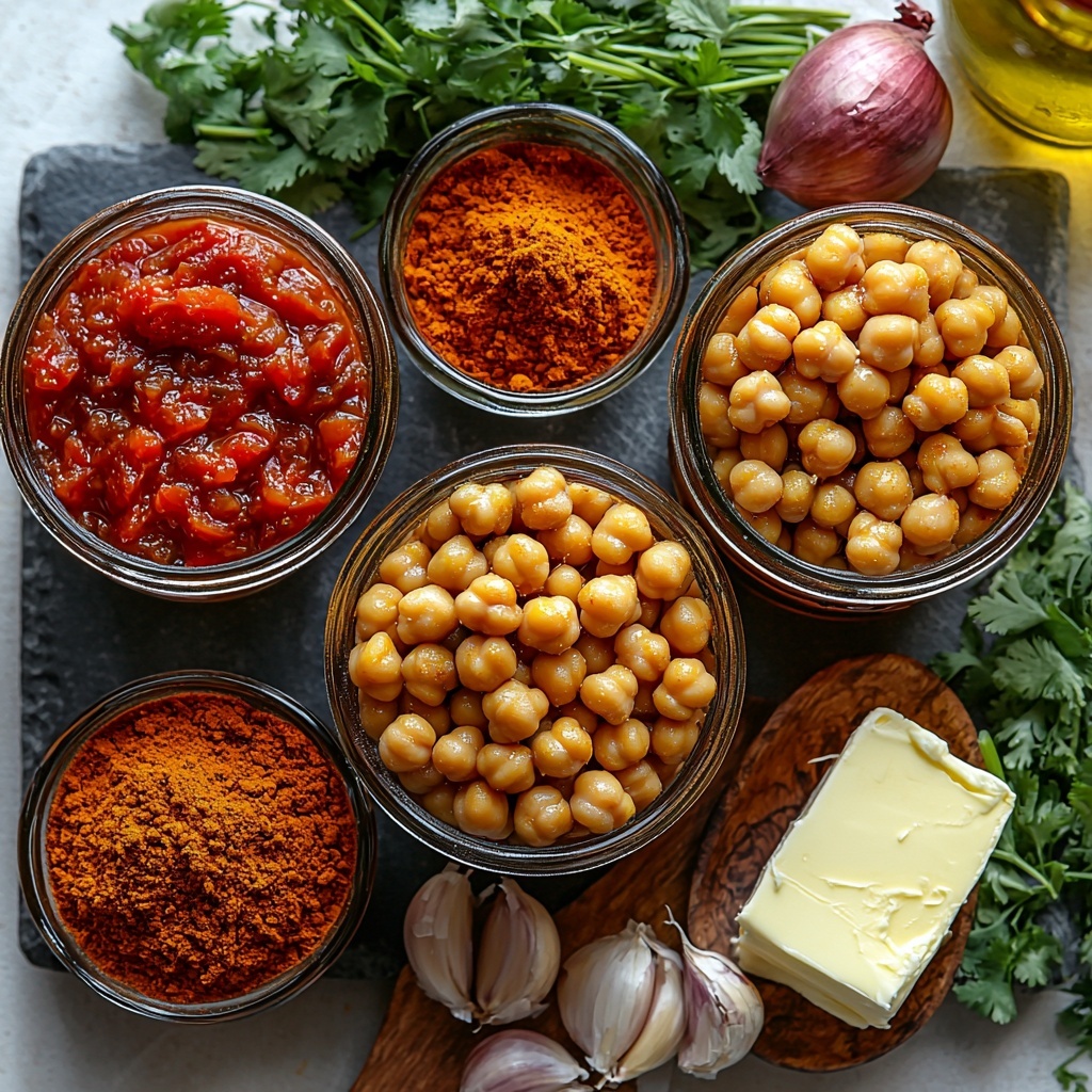 Chickpeas in two small open glass jars, golden yellow-brown with smooth round texture; two cans of crushed tomatoes with bright red rich sauce spilling slightly; small wooden bowls with vibrant orange turmeric powder, deep red chili powder, earthy brown ground cumin, ground coriander, and garam masala powders; a bowl of finely chopped golden caramelized onions; peeled garlic cloves and a small pile of minced garlic; a piece of fresh ginger root next to a heap of grated ginger; a small glass bowl of thick deep red tomato paste; cinnamon-colored cumin seeds scattered artfully on a clean white ceramic plate; a small glass jug of creamy off-white heavy cream; two smooth cubes of pale yellow unsalted butter on a slate board; fresh bright green cilantro sprigs loosely gathered; a small bottle of golden vegetable oil with a subtle sheen; all ingredients carefully spaced and arranged on a crisp white textured surface with natural soft daylight casting gentle shadows, emphasizing vibrant colors and varied textures, styled with rustic wooden spoons and linen napkins for contrast and warmth, minimalistic and clean background, overhead shot, top down view, flat lay photography, professional food styling --ar 1:1 --q 2 --s 750 --v 6.1
