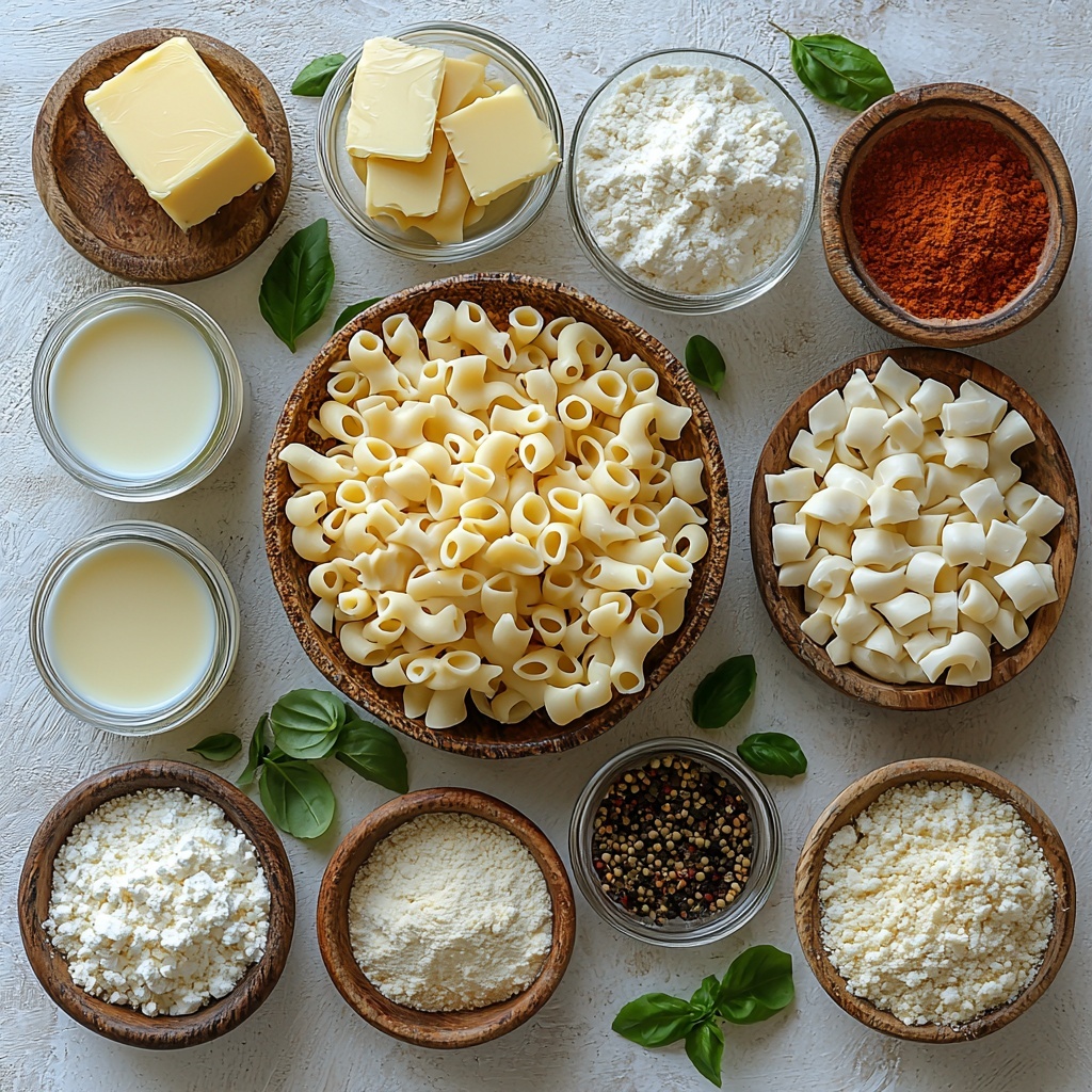 A flat lay of main ingredients for stovetop mac and cheese arranged neatly on a clean white surface: three tablespoons of golden butter in a small glass bowl; three tablespoons of fine all-purpose flour in a rustic ceramic dish; a clear glass measuring cup filled with fresh cold water; a measuring jug with creamy white milk; a heap of uncooked elbow pasta with its smooth, tubular shape and pale yellow color scattered loosely; small bowls containing white garlic powder, pale yellow ground mustard powder, coarse sea salt, and cracked black pepper; a generous mound of sharp white cheddar cheese shredded finely, alongside a smaller pile of grated Parmesan cheese with a crumbly texture and a little heap of soft mozzarella cheese, all showcasing creamy off-white tones; a small bowl holding panko breadcrumbs with a delicate golden-brown texture; a tiny dish with paprika powder displaying its vibrant red-orange color; a small glass container filled with rich golden olive oil. The ingredients are spaced evenly with natural shadows and soft, diffused lighting highlighting textures and colors. Minimal props, clean lines, and subtle garnish leaves add freshness without distraction, emphasizing the wholesome, comforting nature of the recipe. overhead shot, top down view, flat lay photography, professional food styling --ar 1:1 --q 2 --s 750 --v 6.1