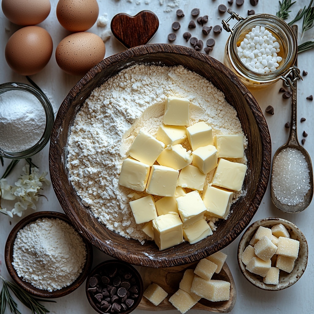 beautiful flat lay of Valentine’s Day cookie ingredients arranged on a bright white clean surface: a wooden bowl filled with all-purpose flour dusted lightly around, a small ceramic dish with white baking powder, a tiny pile of fine salt crystals nearby, a slab of softened unsalted butter on parchment paper showing creamy texture, two large brown eggs with smooth shells, a glass jar of golden packed brown sugar next to a bowl of sparkling white granulated sugar, a small glass pitcher holding amber vanilla extract, and a scattering of glossy semi-sweet chocolate chips in a rustic ceramic bowl; natural warm daylight enhances soft shadows and colors, delicate flour dusting adds texture, minimal styled with a subtle red heart-shaped cookie cutter and vintage silver measuring spoons for a cozy, inviting Valentine’s vibe — overhead shot, top down view, flat lay photography, professional food styling --ar 1:1 --q 2 --s 750 --v 6.1