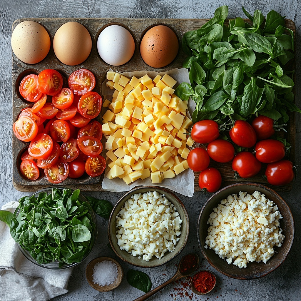 A clean white surface displaying the main ingredients for baked egg muffin cups arranged neatly and thoughtfully: six large brown eggs in a ceramic carton, vibrant diced red, yellow, and green bell peppers in a small rustic bowl, finely chopped translucent white onions on a wooden cutting board, bright red halved cherry tomatoes scattered artfully, a small heap of shredded pale yellow cheese on crumpled parchment paper, a vivid green pile of chopped fresh spinach leaves on a delicate glass plate, small vintage spoons holding white salt, coarse black pepper, and fine garlic powder, and a rustic bowl with crumbled cooked golden-brown turkey sausage on the side. Natural soft daylight illuminating the scene emphasizing textures—the smooth eggshells, glossy tomatoes, fluffy cheese, leafy spinach—with subtle shadows adding depth. Minimalist styling with fresh herbs sprigs and a neutral linen napkin nearby for warmth and contrast. Overhead shot, top down view, flat lay photography, professional food styling --ar 1:1 --q 2 --s 750 --v 6.1