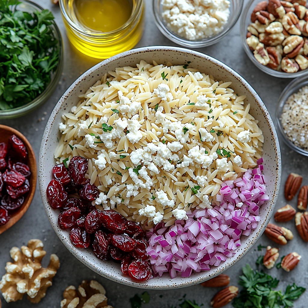 dry orzo pasta in a small white bowl, golden olive oil in a glass dish, vibrant deep red dried cranberries scattered loosely, creamy white crumbled goat cheese in a rustic ceramic ramekin, finely chopped bright purple-red onions arranged in a neat pile, a small heap of chopped walnuts and pecans with rich brown textures, fresh green chopped parsley spread delicately on a clean matte white surface, a small clear glass bowl with fresh lemon juice, another with amber apple cider vinegar, coarse salt crystals and cracked black peppercorns sprinkled artfully nearby; soft natural lighting highlighting the varied textures and vivid colors, minimal shadows, clean and modern styling, slight rustic touch with wooden utensils and linen napkin for contrast, overhead shot, top down view, flat lay photography, professional food styling --ar 1:1 --q 2 --s 750 --v 6.1